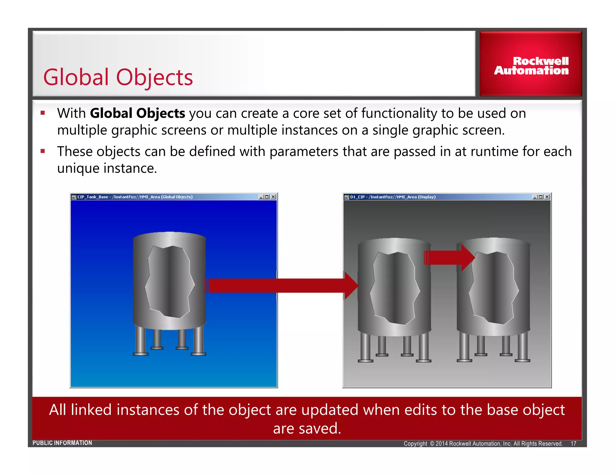 Copyright © 2014 Rockwell Automation, Inc. All Rights Reserved.PUBLIC INFORMATION
With Global Objects you can create a core set of functionality to be used on
multiple graphic screens or multiple instances on a single graphic screen.
These objects can be defined with parameters that are passed in at runtime for each
unique instance.
Global Objects
17
All linked instances of the object are updated when edits to the base object
are saved.
 