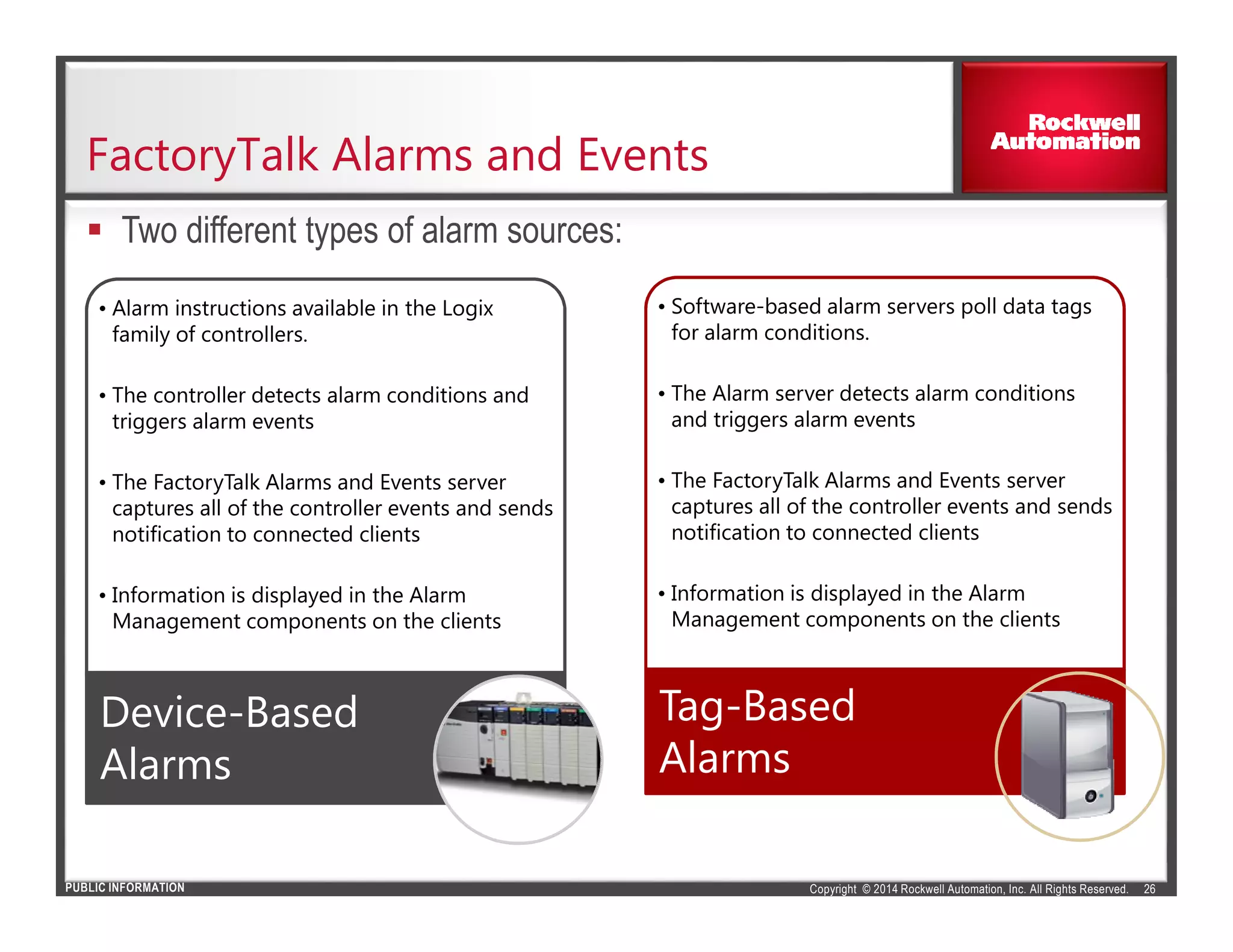 Copyright © 2014 Rockwell Automation, Inc. All Rights Reserved.PUBLIC INFORMATION
FactoryTalk Alarms and Events
26
• Alarm instructions available in the Logix
family of controllers.
• The controller detects alarm conditions and
triggers alarm events
• The FactoryTalk Alarms and Events server
captures all of the controller events and sends
notification to connected clients
• Information is displayed in the Alarm
Management components on the clients
• Alarm instructions available in the Logix
family of controllers.
• The controller detects alarm conditions and
triggers alarm events
• The FactoryTalk Alarms and Events server
captures all of the controller events and sends
notification to connected clients
• Information is displayed in the Alarm
Management components on the clients
Device-Based
Alarms
• Software-based alarm servers poll data tags
for alarm conditions.
• The Alarm server detects alarm conditions
and triggers alarm events
• The FactoryTalk Alarms and Events server
captures all of the controller events and sends
notification to connected clients
• Information is displayed in the Alarm
Management components on the clients
• Supports PLC-5, SLC 500, or any third-party
device through OPC-DA
• Software-based alarm servers poll data tags
for alarm conditions.
• The Alarm server detects alarm conditions
and triggers alarm events
• The FactoryTalk Alarms and Events server
captures all of the controller events and sends
notification to connected clients
• Information is displayed in the Alarm
Management components on the clients
• Supports PLC-5, SLC 500, or any third-party
device through OPC-DATag-Based
Alarms
Two different types of alarm sources:
 
