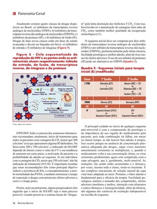 Atualmente existem quatro classes de drogas dispo-
níveis no Brasil: a) inibidores da transcriptase reversa
análogos de nucleosídeo (ITRN), b) inibidores da trans-
criptase reversa não análogos de nucleosídeo (ITRNN), c)
inibidores da protease (IP), e d) inibidores de fusão (IF).
Drogas de duas novas classes estão em fases de estudo
avançadas e devem ser lançadas em breve: e) inibidores
de entrada e f) inibidores de integrase (Figura 5).
Figura 5 - Ciclo esquematizado da
reprodução do HIV e os pontos onde os anti-
retrovirais atuam respectivamente: inibição
da entrada, da fusão, da transcriptase
reversa, da integrase e da protease
te” pela lenta destruição dos linfócitos T CD4
. Com isso,
haveria não só a manutenção de contagens mais altas de
CD4
, como também melhor qualidade da recuperação
imunológica (11).
O esquema inicial deve ser composto por dois inibi-
dores da transcriptase reversa análogos de nucleosídeo
(ITRN) e um inibidor da transcriptase reversa não nucle-
osídeo (ITRNN), preferencialmente pela ótima eficácia,
facilidade posológica e melhor adesão, além de risco me-
nor de efeitos adversos. O uso de um inibidor de proteases
(IP) pode ser alternativo ao ITRNN (Quadro 2).
Quadro 2 - Esquemas iniciais para terapia
inicial (8) (modificado)
Revista Racine38 Revista Racine38
Panorama Geral
O PN DST/Aids e a maioria dos consensos internacio-
nais recomendam, atualmente, início de tratamento para
todos os pacientes com contagem de CD4
menor que 200
cels/mm3
e/ou que apresentem alguma IO definidora. Na
faixa entre 200 e 350 cels/mm3
, a indicação de HAART
depende de fatores como o valor da CV e sua tendência
de aumento em curto prazo, a motivação do paciente e a
probabilidade de adesão ao esquema. Já em indivíduos
com a contagem de CD4
maior que 350 cels/mm3
, não há
indicação de tratamento (8,9,10). É importante ressaltar
que essas recomendações têm como principal objetivo
reduzir a ocorrência de IOs, e conseqüentemente, a mor-
bi-mortalidade das PVHA, e também minimizar o tempo
de exposição à drogas com potenciais efeitos adversos a
curto e a longo prazo.
Porém, mais recentemente, alguns pesquisadores têm
sugerido que o início da HAART seja o mais precoce
possível, visando preservar o sistema imune do “desgas-
Classe
2 ITRN
+
ITRNN
OU
IP
1ª Escolha
Zidovudina (AZT)
+
Lamivudina (3TC)
+
Efavirenz (EFZ)
OU
Lopinavir/ritonavir (LPV/r)
ou
Atazanavir/ritonavir (ATV/r)
2ª Escolha
Abacavir (ABC) + 3TC
ou
Didanosina (ddI) + 3TC
ou
Tenofovir (TDF) + 3TC
+
Nevirapina (NVP)
OU
ATV
ou
Saquinavir/ritonavir (SQV/r)
O principal cuidado no início de qualquer esquema
anti-retroviral é com a compreensão da posologia e
da importância do uso regular do medicamento pelo
paciente, pois toda combinação irá falhar, em maior
ou menor tempo, se não houver boa adesão à terapia.
Isso ocorre porque na ausência de concentração plas-
mática adequada das drogas, cepas virais mutantes
naturalmente resistentes se multiplicam, e, quando o
medicamento volta à sua concentração ótima, os vírus
resistentes predominam, agora sem competição com a
cepa selvagem, que é, geralmente, multi-sensível. As
mutações vão sendo então acumuladas e o fármaco,
por vezes, mesmo toda a classe, torna-se resistente. É
um complexo mecanismo de seleção natural da cepa
viral mais adaptada ao meio. Portanto, o fator adesão é
fundamental para a eficácia da terapia. Facilidade po-
sológica, número e tamanho dos comprimidos, efeitos
adversos imediatos e tardios, interação com alimentos
e outros fármacos e teratogenicidade, além da eficácia,
são algumas das variáveis de avaliação indispensável
na escolha de esquema.
Fonte: figura dos autores
 