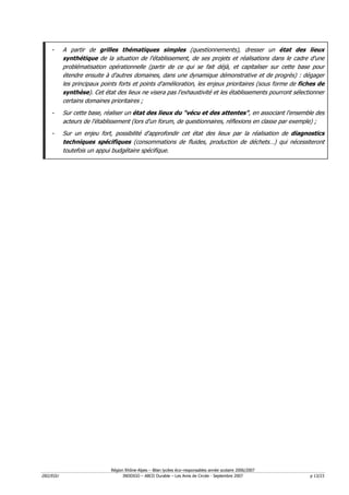 -     A partir de grilles thématiques simples (questionnements), dresser un état des lieux
          synthétique de la situation de l'établissement, de ses projets et réalisations dans le cadre d'une
          problématisation opérationnelle (partir de ce qui se fait déjà, et capitaliser sur cette base pour
          étendre ensuite à d'autres domaines, dans une dynamique démonstrative et de progrès) : dégager
          les principaux points forts et points d'amélioration, les enjeux prioritaires (sous forme de fiches de
          synthèse). Cet état des lieux ne visera pas l'exhaustivité et les établissements pourront sélectionner
          certains domaines prioritaires ;
    -     Sur cette base, réaliser un état des lieux du "vécu et des attentes", en associant l'ensemble des
          acteurs de l'établissement (lors d'un forum, de questionnaires, réflexions en classe par exemple) ;
    -     Sur un enjeu fort, possibilité d'approfondir cet état des lieux par la réalisation de diagnostics
          techniques spécifiques (consommations de fluides, production de déchets…) qui nécessiteront
          toutefois un appui budgétaire spécifique.




                            Région Rhône-Alpes – Bilan lycées éco–responsables année scolaire 2006/2007
D02/EGU                           INDDIGO – ABCD Durable – Les Amis de Circée - Septembre 2007            p 13/23
 