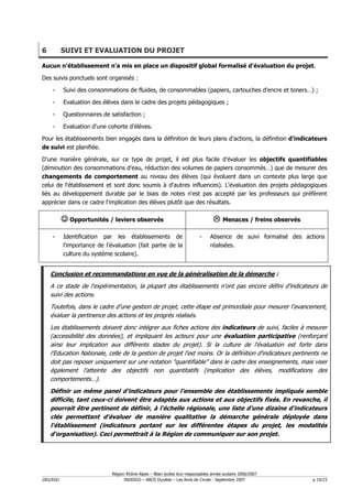 6         SUIVI ET EVALUATION DU PROJET

Aucun n'établissement n'a mis en place un dispositif global formalisé d'évaluation du projet.

Des suivis ponctuels sont organisés :

    -     Suivi des consommations de fluides, de consommables (papiers, cartouches d'encre et toners…) ;

    -     Evaluation des élèves dans le cadre des projets pédagogiques ;

    -     Questionnaires de satisfaction ;

    -     Evaluation d'une cohorte d'élèves.

Pour les établissements bien engagés dans la définition de leurs plans d'actions, la définition d'indicateurs
de suivi est planifiée.

D'une manière générale, sur ce type de projet, il est plus facile d'évaluer les objectifs quantifiables
(diminution des consommations d'eau, réduction des volumes de papiers consommés…) que de mesurer des
changements de comportement au niveau des élèves (qui évoluent dans un contexte plus large que
celui de l'établissement et sont donc soumis à d'autres influences). L'évaluation des projets pédagogiques
liés au développement durable par le biais de notes n'est pas accepté par les professeurs qui préfèrent
apprécier dans ce cadre l'implication des élèves plutôt que des résultats.

          ☺ Opportunités / leviers observés                                           Menaces / freins observés

    -     Identification par les établissements de                        -    Absence de suivi formalisé des actions
          l'importance de l'évaluation (fait partie de la                      réalisées.
          culture du système scolaire).


    Conclusion et recommandations en vue de la généralisation de la démarche :
    A ce stade de l'expérimentation, la plupart des établissements n'ont pas encore défini d'indicateurs de
    suivi des actions.
    Toutefois, dans le cadre d'une gestion de projet, cette étape est primordiale pour mesurer l'avancement,
    évaluer la pertinence des actions et les progrès réalisés.
    Les établissements doivent donc intégrer aux fiches actions des indicateurs de suivi, faciles à mesurer
    (accessibilité des données), et impliquant les acteurs pour une évaluation participative (renforçant
    ainsi leur implication aux différents stades du projet). Si la culture de l'évaluation est forte dans
    l'Education Nationale, celle de la gestion de projet l'est moins. Or la définition d'indicateurs pertinents ne
    doit pas reposer uniquement sur une notation "quantifiable" dans le cadre des enseignements, mais viser
    également l'atteinte des objectifs non quantitatifs (implication des élèves, modifications des
    comportements…).
    Définir un même panel d'indicateurs pour l'ensemble des établissements impliqués semble
    difficile, tant ceux-ci doivent être adaptés aux actions et aux objectifs fixés. En revanche, il
    pourrait être pertinent de définir, à l'échelle régionale, une liste d'une dizaine d'indicateurs
    clés permettant d'évaluer de manière qualitative la démarche générale déployée dans
    l'établissement (indicateurs portant sur les différentes étapes du projet, les modalités
    d'organisation). Ceci permettrait à la Région de communiquer sur son projet.




                             Région Rhône-Alpes – Bilan lycées éco–responsables année scolaire 2006/2007
D02/EGU                            INDDIGO – ABCD Durable – Les Amis de Circée - Septembre 2007                   p 19/23
 
