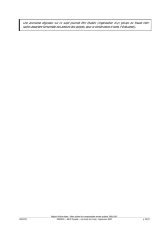 Une animation régionale sur ce sujet pourrait être étudiée (organisation d'un groupe de travail inter-
   lycées associant l'ensemble des acteurs des projets, pour la construction d'outils d'évaluation).




                         Région Rhône-Alpes – Bilan lycées éco–responsables année scolaire 2006/2007
D02/EGU                        INDDIGO – ABCD Durable – Les Amis de Circée - Septembre 2007            p 20/23
 