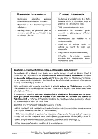 ☺ Opportunités / leviers observés                                          Menaces / freins observés

    -     Nombreuses      passerelles       possibles                    -    Contraintes organisationnelles très fortes
          enseignements/DD, mais peu mobilisées ;                             liées aux emplois du temps et au temps de
                                                                              présence des acteurs sur les sites ;
    -     Mobilisation très forte de certaines personnes
          volontaires ;                                                  -    Taille importante de certains lycées ;

    -     Fort engouement des participants pour les                      -    Co-existence          de    nombreux    projets
          séminaires collectifs de sensibilisation et de                      éducatifs et          pédagogiques, faiblement
          mobilisation collective.                                            coordonnés ;

                                                                         -    Méconnaissance des           modalités   de     la
                                                                              gestion de projet ;

                                                                         -    Imprécision des attentes          initiales des
                                                                              acteurs au regard du              projet éco-
                                                                              responsable ;

                                                                         -    Irrégularité de l'implication des acteurs ;

                                                                         -    Difficultés      d'organisation d'actions
                                                                              concrètes, hors enseignements, pouvant
                                                                              intéresser les élèves.




   Conclusion et recommandations en vue de la généralisation de la démarche :
   La mobilisation dès le début du projet du plus grand nombre d'acteurs nécessite de démarrer très tôt la
   concertation par l'organisation d'une manifestation de sensibilisation et de réflexion à l'intention
   de l'ensemble de la communauté scolaire (dont la forme est à définir par l'établissement en fonction
   de ses moyens et de ses objectifs : demi-journée ou journée banalisée, semaine du développement
   durable, soirée thématique, bulletins…).
   Cette manifestation doit permettre de présenter la véritable volonté de l'établissement en matière
   d'éco-responsabilité et de développement durable. Connue de tous les participants, elle en sera d'autant
   plus légitimée à l'interne.
   Il est ensuite nécessaire de poursuivre et pérenniser la participation à tous les stades du projet,
   pour qu'il reflète réellement les attentes et les ambitions de l'ensemble des acteurs de
   l'établissement. La recherche de l'implication constante des individus permet de favoriser leur adhésion
   au projet et contribue ainsi à son succès global.
   Cependant, pour être efficace la participation nécessite un cadre :
   - Définir les objectifs de la participation (choix des thématiques d'actions, propositions ou mise en œuvre
   d'actions, concertation – consultation ou co-construction) ;
   - Définir les modalités de la participation, adaptées à chaque public (forums, club développement
   durable, cafés durables, groupes de travail inter-catégoriels, groupes-actions, réunions pédagogiques…) ;
   - Définir les règles de la prise de décision (co-décision, adoption en comité de pilotage…) ;
   - Prévoir les moyens d'animation, médiation de la concertation, etc.




                            Région Rhône-Alpes – Bilan lycées éco–responsables année scolaire 2006/2007
D02/EGU                           INDDIGO – ABCD Durable – Les Amis de Circée - Septembre 2007                              p 9/23
 