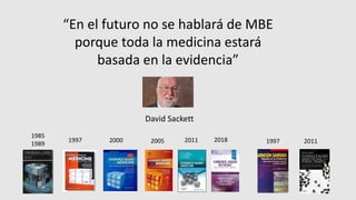“En el futuro no se hablará de MBE
porque toda la medicina estará
basada en la evidencia”
David Sackett
1985
1989
201820111997 20052000 1997 2011
 