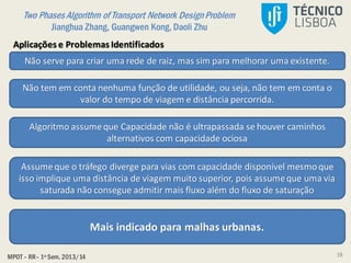 Two Phases Algorithm of Transport Network DesignProblem
Jianghua Zhang, Guangwen Kong, Daoli Zhu
MPOT – RR– 1º Sem. 2013/14
Aplicações e Problemas Identificados
Não serve para criar uma rede de raiz, mas sim para melhorar uma existente.
Não tem em conta nenhuma função de utilidade, ou seja, não tem em conta o
valor do tempo de viagem e distância percorrida.
Algoritmo assumeque Capacidade não é ultrapassada se houver caminhos
alternativos com capacidade ociosa
Assumeque o tráfego diverge para vias com capacidade disponível mesmoque
isso implique uma distância de viagem muito superior, pois assumeque uma via
saturada não consegue admitir mais fluxo além do fluxo de saturação
Mais indicado para malhas urbanas.
19
 
