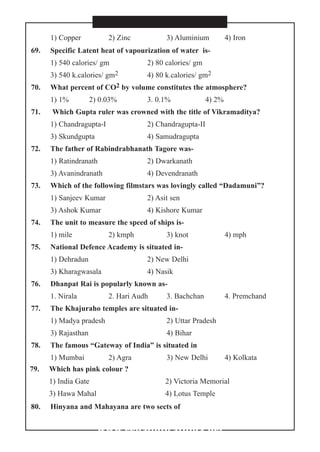 1) Copper 2) Zinc 3) Aluminium 4) Iron
69. Specific Latent heat of vapourization of water is-
1) 540 calories/ gm 2) 80 calories/ gm
3) 540 k.calories/ gm2 4) 80 k.calories/ gm2
70. What percent of CO2 by volume constitutes the atmosphere?
1) 1% 2) 0.03% 3. 0.1% 4) 2%
71. Which Gupta ruler was crowned with the title of Vikramaditya?
1) Chandragupta-I 2) Chandragupta-II
3) Skundgupta 4) Samudragupta
72. The father of Rabindrabhanath Tagore was-
1) Ratindranath 2) Dwarkanath
3) Avanindranath 4) Devendranath
73. Which of the following filmstars was lovingly called “Dadamuni”?
1) Sanjeev Kumar 2) Asit sen
3) Ashok Kumar 4) Kishore Kumar
74. The unit to measure the speed of ships is-
1) mile 2) kmph 3) knot 4) mph
75. National Defence Academy is situated in-
1) Dehradun 2) New Delhi
3) Kharagwasala 4) Nasik
76. Dhanpat Rai is popularly known as-
1. Nirala 2. Hari Audh 3. Bachchan 4. Premchand
77. The Khajuraho temples are situated in-
1) Madya pradesh 2) Uttar Pradesh
3) Rajasthan 4) Bihar
78. The famous “Gateway of India” is situated in
1) Mumbai 2) Agra 3) New Delhi 4) Kolkata
79. Which has pink colour ?
1) India Gate 2) Victoria Memorial
3) Hawa Mahal 4) Lotus Temple
80. Hinyana and Mahayana are two sects of
www.eenadupratibha.net
 