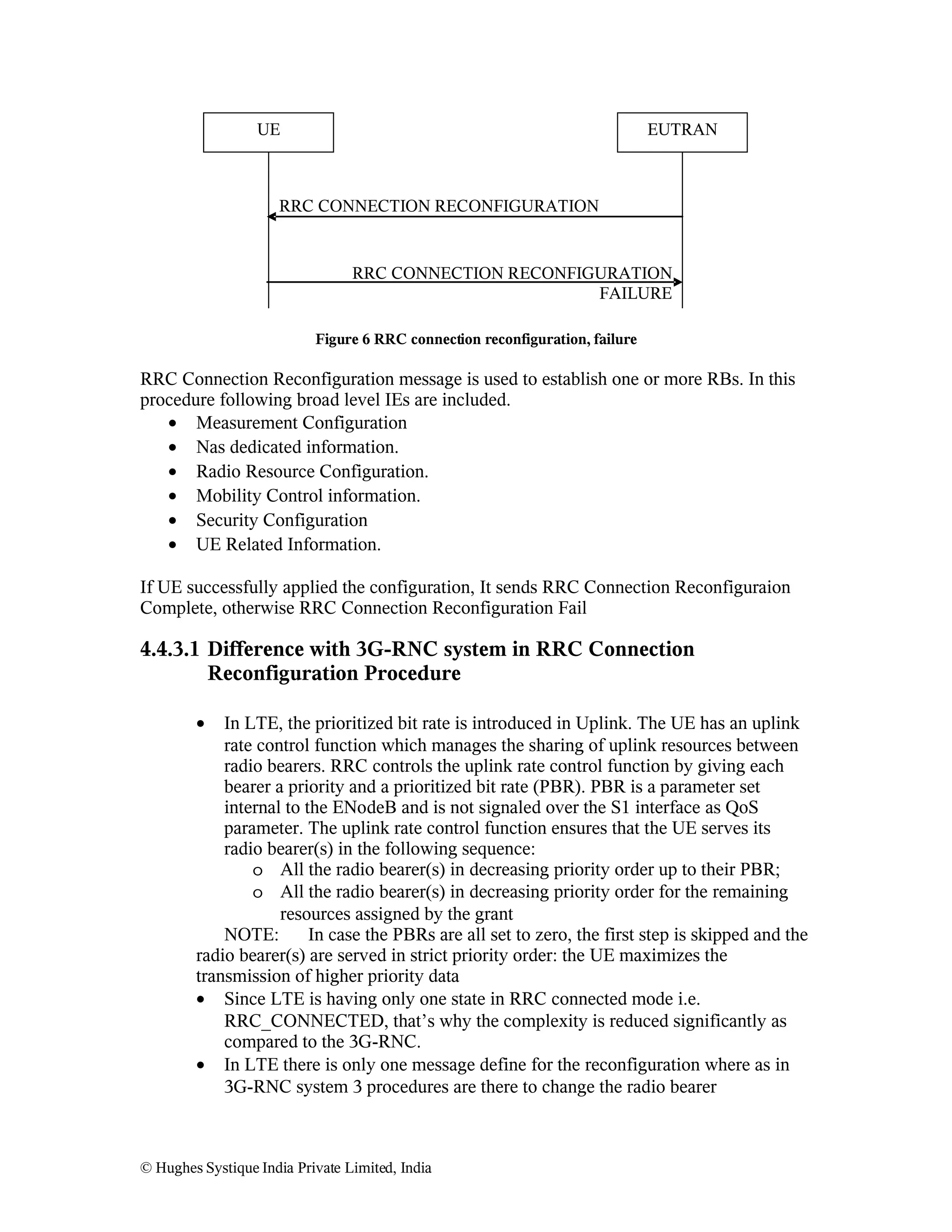UE

EUTRAN

RRC CONNECTION RECONFIGURATION

RRC CONNECTION RECONFIGURATION
FAILURE
Figure 6 RRC connection reconfiguration, failure

RRC Connection Reconfiguration message is used to establish one or more RBs. In this
procedure following broad level IEs are included.
• Measurement Configuration
• Nas dedicated information.
• Radio Resource Configuration.
• Mobility Control information.
• Security Configuration
• UE Related Information.
If UE successfully applied the configuration, It sends RRC Connection Reconfiguraion
Complete, otherwise RRC Connection Reconfiguration Fail

4.4.3.1 Difference with 3G-RNC system in RRC Connection
Reconfiguration Procedure
•

In LTE, the prioritized bit rate is introduced in Uplink. The UE has an uplink
rate control function which manages the sharing of uplink resources between
radio bearers. RRC controls the uplink rate control function by giving each
bearer a priority and a prioritized bit rate (PBR). PBR is a parameter set
internal to the ENodeB and is not signaled over the S1 interface as QoS
parameter. The uplink rate control function ensures that the UE serves its
radio bearer(s) in the following sequence:
o All the radio bearer(s) in decreasing priority order up to their PBR;
o All the radio bearer(s) in decreasing priority order for the remaining
resources assigned by the grant
NOTE:
In case the PBRs are all set to zero, the first step is skipped and the
radio bearer(s) are served in strict priority order: the UE maximizes the
transmission of higher priority data
• Since LTE is having only one state in RRC connected mode i.e.
RRC_CONNECTED, that’s why the complexity is reduced significantly as
compared to the 3G-RNC.
• In LTE there is only one message define for the reconfiguration where as in
3G-RNC system 3 procedures are there to change the radio bearer

© Hughes Systique India Private Limited, India

 