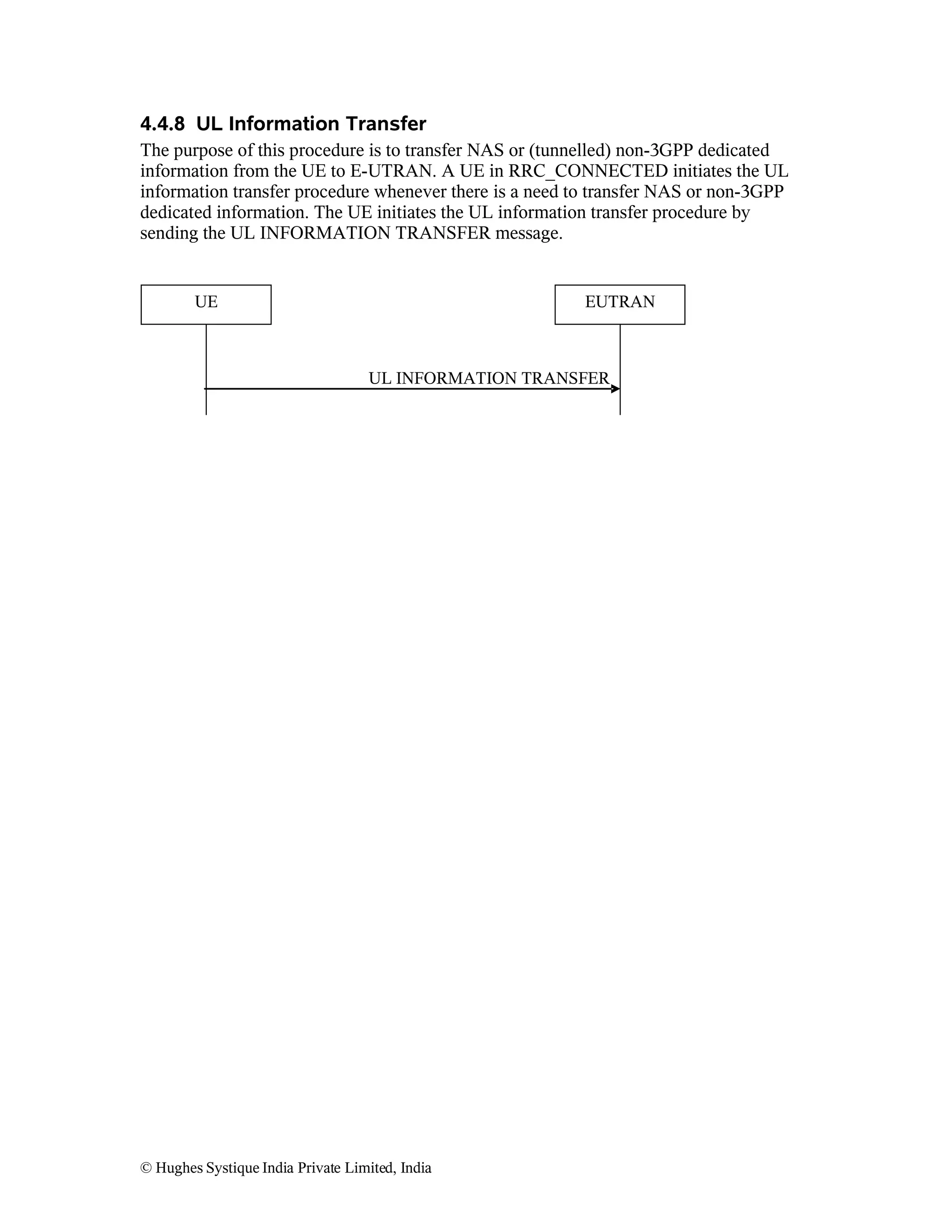 4.4.8 UL Information Transfer
The purpose of this procedure is to transfer NAS or (tunnelled) non-3GPP dedicated
information from the UE to E-UTRAN. A UE in RRC_CONNECTED initiates the UL
information transfer procedure whenever there is a need to transfer NAS or non-3GPP
dedicated information. The UE initiates the UL information transfer procedure by
sending the UL INFORMATION TRANSFER message.

UE

EUTRAN

UL INFORMATION TRANSFER

© Hughes Systique India Private Limited, India

 