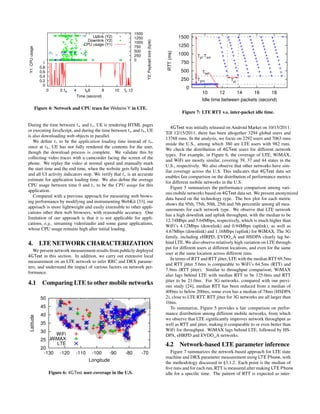 0
0.2
0.4
0.6
0.8
1
0 2 ta 4 tb6 8 10 tc 12
0
250
500
750
1000
1250
1500
Y1:CPUusage
Y2:Payloadsize(byte)
Time (second)
Uplink (Y2)
Downlink (Y2)
CPU usage (Y1)
Figure 4: Network and CPU trace for Website Y in LTE.
During the time between ta and tc, UE is rendering HTML pages
or executing JavaScript, and during the time between ta and tb, UE
is also downloading web objects in parallel.
We deﬁne tc to be the application loading time instead of tb,
since at tb, UE has not fully rendered the contents for the user,
though the download process is complete. We validate this by
collecting video traces with a camcorder facing the screen of the
phone. We replay the video at normal speed and manually mark
the start time and the end time, when the website gets fully loaded
and all UI activity indicators stop. We verify that tc is an accurate
estimate for application loading time. We also deﬁne the average
CPU usage between time 0 and tc to be the CPU usage for this
application.
Compared with a previous approach for measuring web brows-
ing performance by modifying and instrumenting WebKit [33], our
approach is more lightweight and easily extensible to other appli-
cations other then web browsers, with reasonable accuracy. One
limitation of our approach is that it is not applicable for appli-
cations, e.g., streaming video/audio and some game applications,
whose CPU usage remains high after initial loading.
4. LTE NETWORK CHARACTERIZATION
We present network measurement results from publicly deployed
4GTest in this section. In addition, we carry out extensive local
measurement on an LTE network to infer RRC and DRX parame-
ters, and understand the impact of various factors on network per-
formance.
4.1 Comparing LTE to other mobile networks
20
25
30
35
40
45
50
-130 -120 -110 -100 -90 -80 -70
Latitude
Longitude
WiFi
WiMAX
LTE
Figure 6: 4GTest user coverage in the U.S.
0
250
500
750
1000
1250
1500
10 12 14 16 18
RTT(ms)
Idle time between packets (second)
Tpro
Ttail
Tpi
Tpi-Toni
Figure 7: LTE RTT v.s. inter-packet idle time.
4GTest was initially released on Android Market on 10/15/2011.
Till 12/15/2011, there has been altogether 3294 global users and
13768 runs. In the analysis, we focus on 2292 users and 7063 runs
inside the U.S., among which 380 are LTE users with 982 runs.
We check the distribution of 4GTest users for different network
types. For example, in Figure 6, the coverage of LTE, WiMAX,
and WiFi are mostly similar, covering 39, 37 and 44 states in the
U.S., respectively. We also observe that other networks have sim-
ilar coverage across the U.S. This indicates that 4GTest data set
enables fair comparison on the distribution of performance metrics
for different mobile networks in the U.S.
Figure 5 summarizes the performance comparison among vari-
ous mobile networks based on 4GTest data set. We present anonymized
data based on the technology type. The box plot for each metric
shows the 95th, 75th, 50th, 25th and 5th percentile among all mea-
surements for each network type. We observe that LTE network
has a high downlink and uplink throughput, with the median to be
12.74Mbps and 5.64Mbps, respectively, which is much higher than
WiFi’s 4.12Mbps (downlink) and 0.94Mbps (uplink), as well as
4.67Mbps (downlink) and 1.16Mbps (uplink) for WiMAX. The 3G
family, including eHRPD, EVDO_A and HSDPA clearly lag be-
hind LTE. We also observe relatively high variation on LTE through-
put for different users at different locations, and even for the same
user at the same location across different runs.
In terms of RTT and RTT jitter, LTE with the median RTT 69.5ms
and RTT jitter 5.6ms is comparable to WiFi’s 64.5ms (RTT) and
7.9ms (RTT jitter). Similar to throughput comparison, WiMAX
also lags behind LTE with median RTT to be 125.0ms and RTT
jitter to be 21.0ms. For 3G networks, compared with our previ-
ous study [24], median RTT has been reduced from a median of
400ms to below 200ms, some even has a median of 78ms (HSDPA
2), close to LTE RTT. RTT jitter for 3G networks are all larger than
10ms.
To summarize, Figure 5 provides a fair comparison on perfor-
mance distribution among different mobile networks, from which
we observe that LTE signiﬁcantly improves network throughput as
well as RTT and jitter, making it comparable to or even better than
WiFi for throughput. WiMAX lags behind LTE, followed by HS-
DPA, eHRPD and EVDO_A networks.
4.2 Network-based LTE parameter inference
Figure 7 summarizes the network-based approach for LTE state
machine and DRX parameter measurement using LTE Phone, with
the methodology discussed in §3.1.2. Each point is the median of
ﬁve runs and for each run, RTT is measured after making LTE Phone
idle for a speciﬁc time. The pattern of RTT is expected as inter-
 