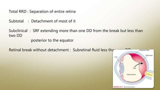 Total RRD : Separation of entire retina
Subtotal : Detachment of most of it
Subclinical : SRF extending more than one DD from the break but less than
two DD
posterior to the equator
Retinal break without detachment : Subretinal fluid less than one DD
 