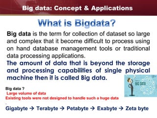 Big data: Concept & Applications
Big data is the term for collection of dataset so large
and complex that it become difficult to process using
on hand database management tools or traditional
data processing applications.
The amount of data that is beyond the storage
and processing capabilities of single physical
machine then it is called Big data.
Big data ?
Large volume of data
Existing tools were not designed to handle such a huge data
.
Gigabyte  Terabyte  Petabyte  Exabyte  Zeta byte
 