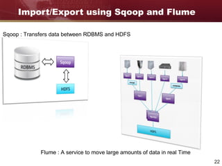 22
Import/Export using Sqoop and Flume
Sqoop : Transfers data between RDBMS and HDFS
Flume : A service to move large amounts of data in real Time
 