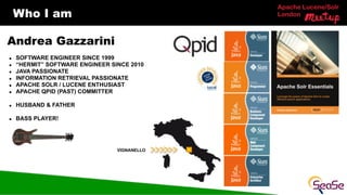 Apache Lucene/Solr
London
Who I am
▪ SOFTWARE ENGINEER SINCE 1999
▪ “HERMIT” SOFTWARE ENGINEER SINCE 2010
▪ JAVA PASSIONATE
▪ INFORMATION RETRIEVAL PASSIONATE
▪ APACHE SOLR / LUCENE ENTHUSIAST
▪ APACHE QPID (PAST) COMMITTER
▪ HUSBAND & FATHER
▪ BASS PLAYER!
Andrea Gazzarini
VIGNANELLO
 