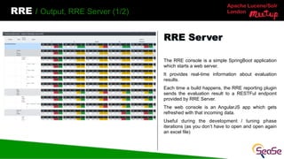 Apache Lucene/Solr
London
RRE / Output, RRE Server (1/2)
The RRE console is a simple SpringBoot application
which starts a web server.
It provides real-time information about evaluation
results.
Each time a build happens, the RRE reporting plugin
sends the evaluation result to a RESTFul endpoint
provided by RRE Server.
The web console is an AngularJS app which gets
refreshed with that incoming data.
Useful during the development / tuning phase
iterations (as you don’t have to open and open again
an excel file)
RRE Server
 