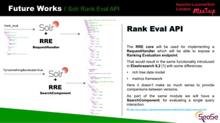 Apache Lucene/Solr
London
Future Works / Solr Rank Eval API
The RRE core will be used for implementing a
RequestHandler which will be able to expose a
Ranking Evaluation endpoint.
That would result in the same functionality introduced
in Elasticsearch 6.2 [1] with some differences.
• rich tree data model
• metrics framework
Here it doesn’t make so much sense to provide
comparisons between versions.
As part of the same module we will have a
SearchComponent, for evaluating a single query
interaction.
[1] https://www.elastic.co/guide/en/elasticsearch/reference/6.2/search-rank-eval.html
Rank Eval API
/rank_eval
?q=something&evaluate=true
+
RRE
RequestHandler
+
RRE
SearchComponent
 