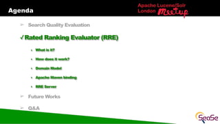 Agenda
Apache Lucene/Solr
London
➢ Search Quality Evaluation
✓Rated Ranking Evaluator (RRE)
‣ What is it?
‣ How does it work?
‣ Domain Model
‣ Apache Maven binding
‣ RRE Server
➢ Future Works
➢ Q&A
 