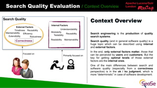 Apache Lucene/Solr
London
Search Quality Evaluation / Context Overview
Search engineering is the production of quality
sea...