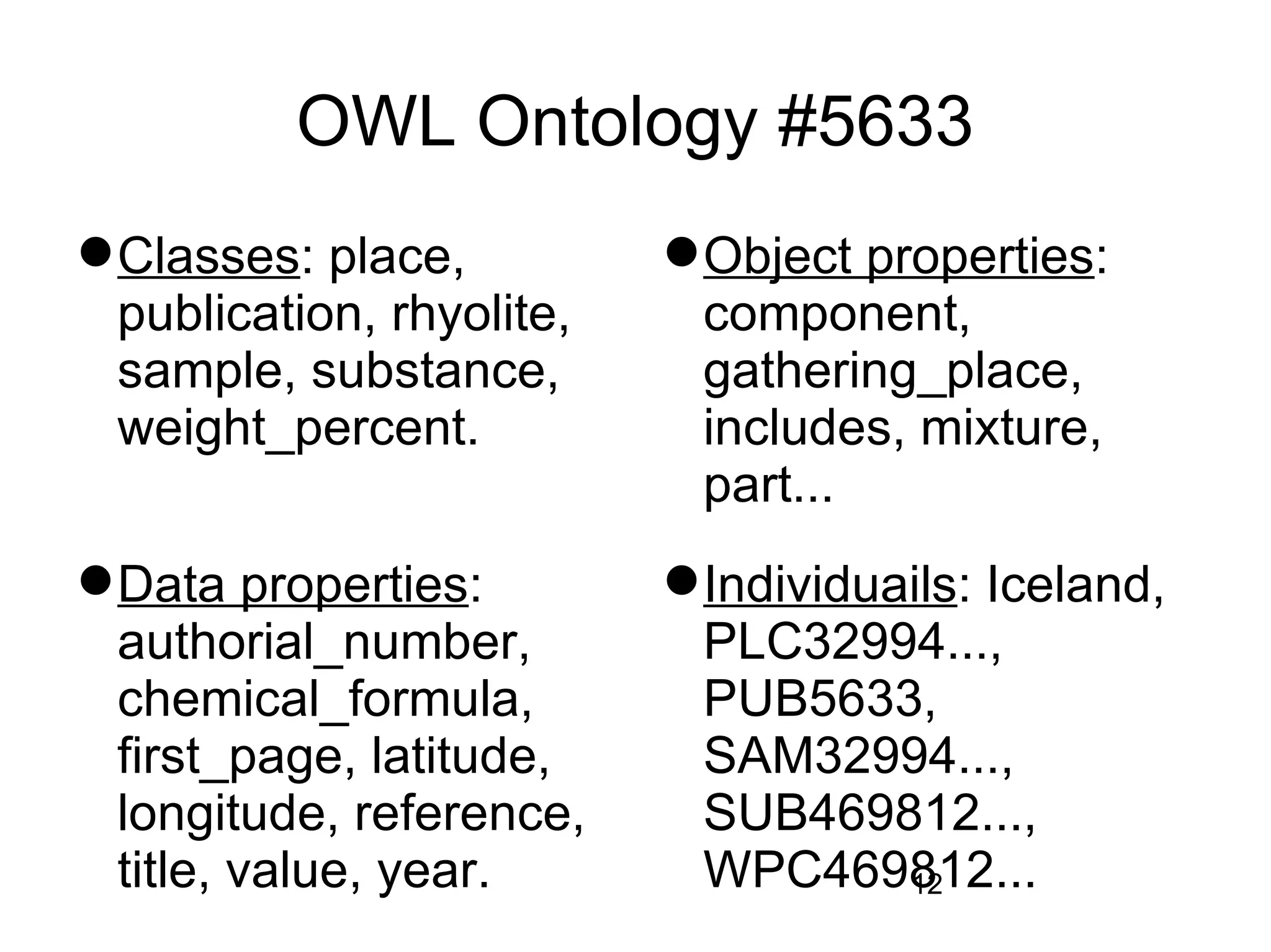 OWL Ontology #5633
 Classes: place,           Object properties:
  publication, rhyolite,     component,
  sample, substance,         gathering_place,
  weight_percent.            includes, mixture,
                             part...
 Data properties:          Individuails: Iceland,
  authorial_number,          PLC32994...,
  chemical_formula,          PUB5633,
  first_page, latitude,      SAM32994...,
  longitude, reference,      SUB469812...,
  title, value, year.        WPC469812...
                                      12
 