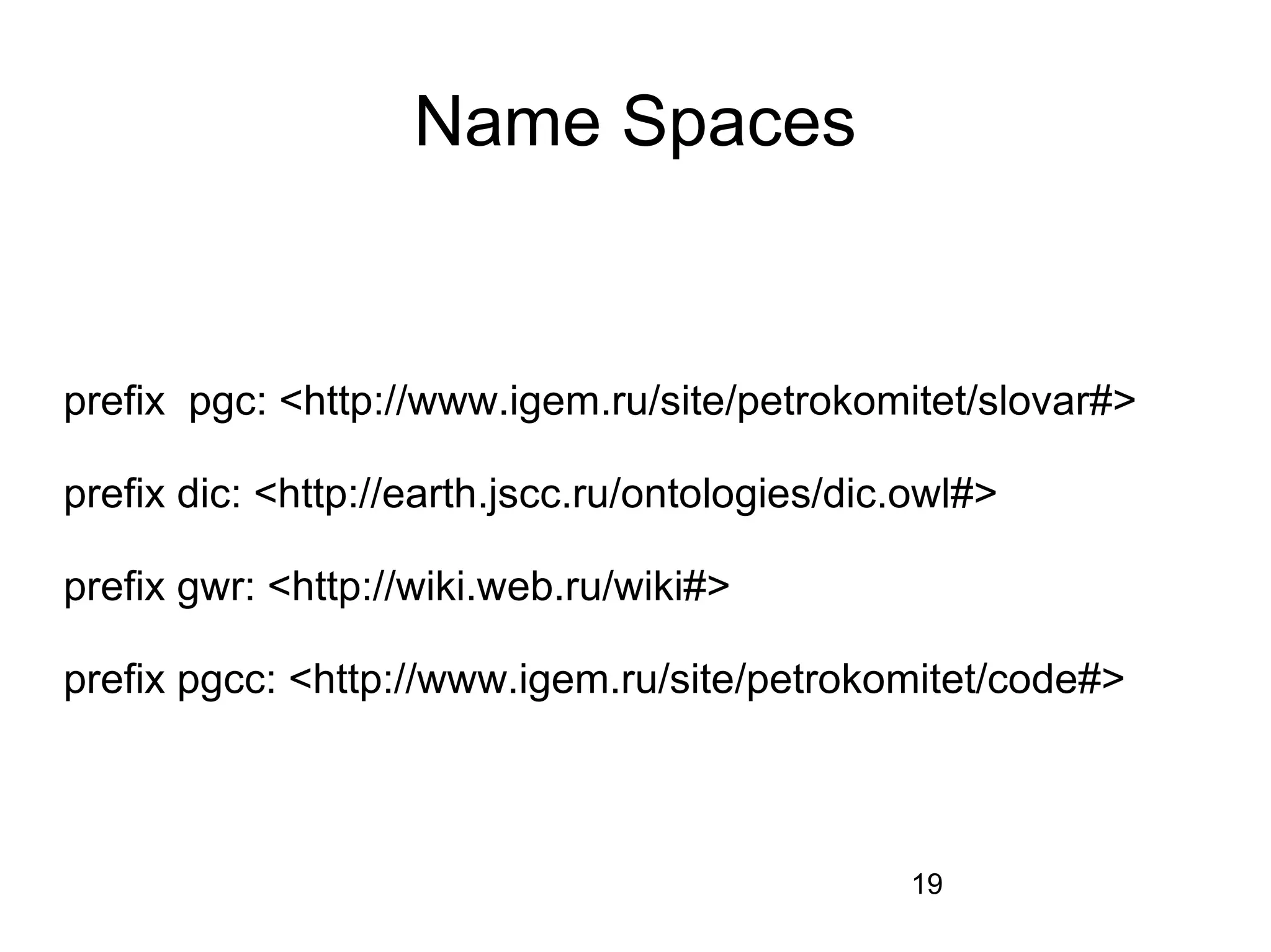 Name Spaces


prefix pgc: <http://www.igem.ru/site/petrokomitet/slovar#>

prefix dic: <http://earth.jscc.ru/ontologies/dic.owl#>

prefix gwr: <http://wiki.web.ru/wiki#>

prefix pgcc: <http://www.igem.ru/site/petrokomitet/code#>



                                                19
 