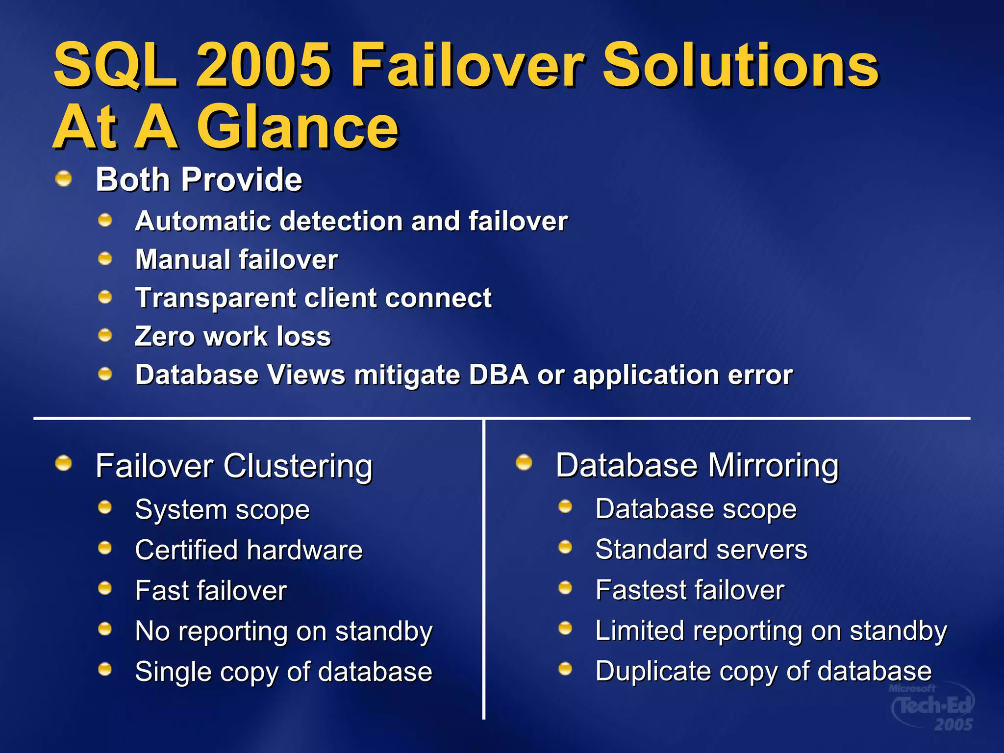 SQL 2005 Failover Solutions At A Glance Both Provide Automatic detection and failover Manual failover Transparent client connect Zero work loss Database Views mitigate DBA or application error Database Mirroring Database scope Standard servers Fastest failover Limited reporting on standby Duplicate copy of database Failover Clustering System scope Certified hardware Fast failover No reporting on standby Single copy of database 