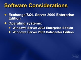 Software Considerations Exchange/SQL Server 2000 Enterprise Edition Operating systems: Windows Server 2003 Enterprise Edition Windows Server 2003 Datacenter Edition 