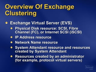 Overview Of Exchange Clustering Exchange Virtual Server (EVS) Physical Disk resource: SCSI, Fibre Channel (FC), or Internet SCSI (iSCSI) IP Address resource Network Name resource System Attendant resource and resources created by System Attendant Resources created by an administrator (for example, protocol virtual servers) 