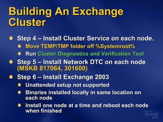 Building An Exchange Cluster Step 4 – Install Cluster Service on each node. Move TEMP/TMP folder off %Systemroot% Run  Cluster Diagnostics and Verification Tool Step 5 – Install Network DTC on each node  (MSKB 817064, 301600) Step 6 – Install Exchange 2003 Unattended setup not supported Binaries installed locally in same location on each node Install one node at a time and reboot each node when finished 