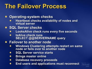 The Failover Process Operating-system checks Heartbeat checks availability of nodes and virtual server SQL Server checks LooksAlive check runs every five seconds  IsAlive check runs  SELECT @@SERVERNAME query Failover to another node Windows Clustering attempts restart on same node or fails over to another node SQL Server service starts Brings master online Database recovery proceeds End users and applications must reconnect 