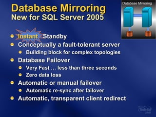 Database Mirroring New for SQL Server 2005 Instant   Standby Conceptually a fault-tolerant server  Building block for complex topologies Database Failover Very Fast … less than three seconds Zero data loss Automatic or manual failover Automatic re-sync after failover Automatic, transparent client redirect Database Mirroring 