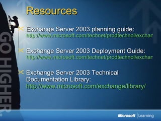 Resources Exchange Server 2003 planning guide: http://www.microsoft.com/technet/prodtechnol/exchange/Exchange2003/proddocs/library/MessSyst.asp   Exchange Server 2003 Deployment Guide: http://www.microsoft.com/technet/prodtechnol/exchange/Exchange2003/proddocs/library/DepGuide.asp   Exchange Server 2003 Technical Documentation Library: http://www.microsoft.com/exchange/library/ 
