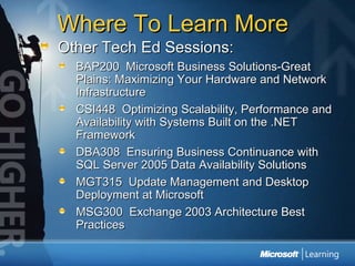 Where To Learn More Other Tech Ed Sessions: BAP200  Microsoft Business Solutions-Great Plains: Maximizing Your Hardware and Network Infrastructure CSI448  Optimizing Scalability, Performance and Availability with Systems Built on the .NET Framework DBA308  Ensuring Business Continuance with SQL Server 2005 Data Availability Solutions MGT315  Update Management and Desktop Deployment at Microsoft MSG300  Exchange 2003 Architecture Best Practices 