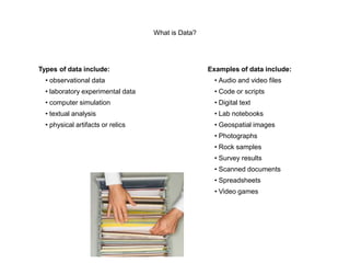 What is Data?
Types of data include:
• observational data
• laboratory experimental data
• computer simulation
• textual analysis
• physical artifacts or relics
Examples of data include:
• Audio and video files
• Code or scripts
• Digital text
• Lab notebooks
• Geospatial images
• Photographs
• Rock samples
• Survey results
• Scanned documents
• Spreadsheets
• Video games
 