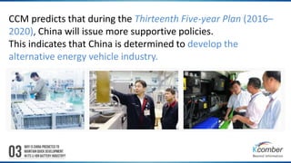 CCM predicts that during the Thirteenth Five-year Plan (2016– 
2020), China will issue more supportive policies. 
This indicates that China is determined to develop the 
alternative energy vehicle industry. 
 