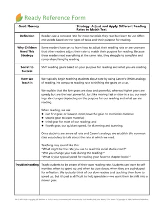 The CAFE Book: Engaging All Students in Daily Literacy Assessment and Instruction by Gail Boushey and Joan Moser, “The Sisters.” Copyright © 2009. Stenhouse Publishers.
Ready Reference Form
Goal: Fluency Strategy: Adjust and Apply Different Reading
Rates to Match Text
Definition
Why Children
Need This
Strategy
Secret to
Success
How We
Teach It
Troubleshooting
Readers use a constant rate for most materials they read but learn to use differ-
ent speeds based on the types of tasks and their purpose for reading.
Some readers have yet to learn how to adjust their reading rate or are unaware
that other readers adjust their rate to match their purpose for reading. Because
these readers read everything at the same rate, they struggle to complete and
comprehend lengthy reading.
Shift reading gears based on your purpose for reading and what you are reading.
We typically begin teaching students about rate by using Carver’s (1990) analogy
of reading. He compares reading rate to shifting the gears on a car.
We explain that the low gears are slow and powerful, whereas higher gears are
speedy but are the least powerful. Just like moving fast or slow in a car, our read-
ing rate changes depending on the purpose for our reading and what we are
reading.
When reading, we use
◆ our first gear, or slowest, most powerful gear, to memorize material;
◆ second gear to learn material;
◆ third gear for most of our reading; and
◆ fourth gear, our quickest speed, for skimming and scanning.
Once students are aware of rate and Carver’s analogy, we establish this common
class vocabulary to talk about the rate at which we read.
Teaching may sound like this:
“What might be the rate you use to read this social studies text?”
“Will you change your rate during this reading?”
“What is your typical speed for reading your favorite chapter book?”
Teach students to be aware of their own reading rate. Students can learn to self-
monitor, when to speed up and when to slow down, when they are audiotaped
for reflection. We typically think of our slow readers and teaching them how to
speed up. But it’s just as difficult to help speedsters—we want them to shift into a
slower gear.
 