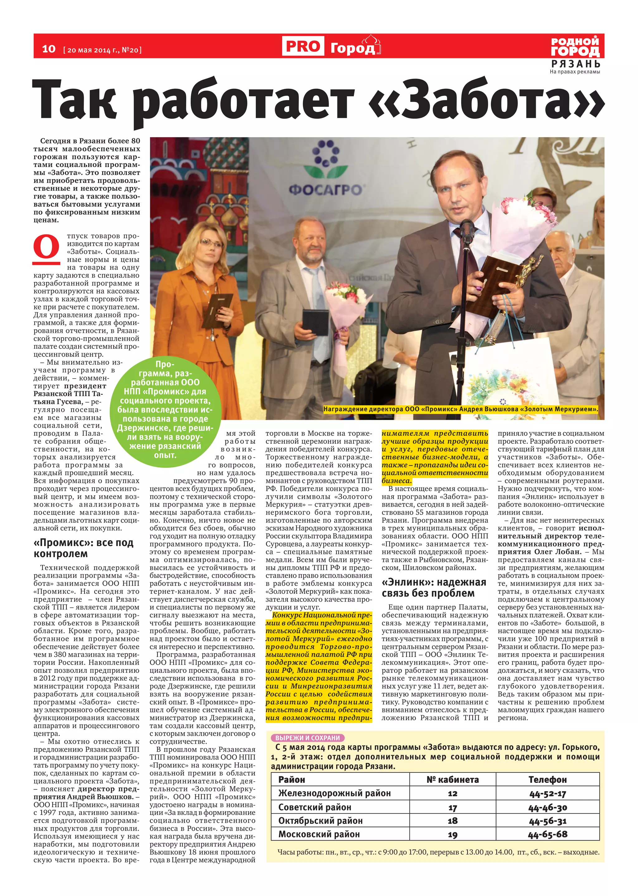 10  [ 20 мая 2014 г., №20 ]
Р Я З А Н Ь
Город
Сегодня в Рязани более 80
тысяч малообеспеченных
горожан пользуются кар-
тами социальной програм-
мы «Забота». Это позволяет
им приобретать продоволь-
ственные и некоторые дру-
гие товары, а также пользо-
ваться бытовыми услугами
по фиксированным низким
ценам.
О 
тпуск товаров про-
изводится по картам
«Заботы». Социаль-
ные нормы и цены
на товары на одну
карту задаются в специально
разработанной программе и
контролируются на кассовых
узлах в каждой торговой точ-
ке при расчете с покупателем.
Для управления данной про-
граммой, а также для форми-
рования отчетности, в Рязан-
ской торгово-промышленной
палате создан системный про-
цессинговый центр.
– Мы внимательно из-
учаем программу в
действии, – коммен-
тирует президент
Рязанской ТПП Та-
тьяна Гусева, – ре-
гулярно посеща-
ем все магазины
социальной сети,
проводим в Пала-
те собрания обще-
ственности, на ко-
торых анализируется
работа программы за
каждый прошедший месяц.
Вся информация о покупках
проходит через процессинго-
вый центр, и мы имеем воз-
можность анализировать
посещение магазинов вла-
дельцами льготных карт соци-
альной сети, их покупки.
«Промикс»: все под
контролем
Технической поддержкой
реализации программы «За-
бота» занимается ООО НПП
«Промикс». На сегодня это
предприятие   – член Рязан-
ской ТПП – является лидером
в сфере автоматизации тор-
говых объектов в Рязанской
области. Кроме того, разра-
ботанное им программное
обеспечение действует более
чем в 380 магазинах на терри-
тории России. Накопленный
опыт позволил предприятию
в 2012 году при поддержке ад-
министрации города Рязани
разработать для социальной
программы «Забота»   систе-
му электронного обеспечения
функционирования кассовых
аппаратов и процессингового
центра.
– Мы охотно отнеслись к
предложению Рязанской ТПП
и горадминистрации разрабо-
тать программу по учету поку-
пок, сделанных по  картам со-
циального проекта «Забота»,
– поясняет директор пред-
приятия Андрей Вьюшков. –
ООО НПП «Промикс», начиная
с 1997 года, активно занима-
ется подготовкой программ-
ных продуктов для торговли.
Используя имеющиеся у нас
наработки, мы подготовили
идеологическую и техниче-
скую части проекта. Во вре-
мя этой
раб о т ы
в о з н и к-
л о м н о -
го вопросов,
но нам удалось
предусмотреть 90 про-
центов всех будущих проблем,
поэтому с технической сторо-
ны программа уже в первые
месяцы заработала стабиль-
но. Конечно, ничто новое не
обходится без сбоев, обычно
год уходит на полную отладку
программного продукта. По-
этому со временем програм-
ма оптимизировалась, по-
высилась ее устойчивость и
быстродействие, способность
работать с неустойчивым ин-
тернет-каналом. У нас дей-
ствует диспетчерская служба,
и специалисты по первому же
сигналу выезжают на места,
чтобы решить возникающие
проблемы. Вообще, работать
над проектом было и остает-
ся интересно и перспективно.
Программа, разработанная
ООО НПП «Промикс» для со-
циального проекта, была впо-
следствии использована  в го-
роде Дзержинске, где решили
взять на вооружение рязан-
ский опыт. В «Промиксе» про-
шел обучение системный ад-
министратор из Дзержинска,
там создали кассовый центр,
с которым заключен договор о
сотрудничестве.
В прошлом году Рязанская
ТПП номинировала ООО НПП
«Промикс» на конкурс Наци-
ональной премии в области
предпринимательской дея-
тельности «Золотой Мерку-
рий». ООО НПП «Промикс»
удостоено награды в номина-
ции «За вклад в формирование
социально ответственного
бизнеса в России». Эта высо-
кая награда была вручена ди-
ректору предприятия Андрею
Вьюшкову 18 июня прошлого
года в Центре международной
торговли в Москве на торже-
ственной церемонии награж-
дения победителей конкурса.
Торжественному награжде-
нию победителей конкурса  
предшествовала встреча но-
минантов с руководством ТПП
РФ. Победители конкурса по-
лучили символы «Золотого
Меркурия» – статуэтки древ-
неримского бога торговли,
изготовленные по авторским
эскизам Народного художника
России скульптора Владимира
Суровцева, а лауреаты конкур-
са – специальные памятные
медали. Всем им были вруче-
ны дипломы ТПП РФ и предо-
ставлено право использования
в работе эмблемы конкурса
«Золотой Меркурий» как пока-
зателя высокого качества про-
дукции и услуг.
Конкурс Национальной пре-
мии в области предпринима-
тельской деятельности «Зо-
лотой Меркурий» ежегодно
проводится Торгово-про-
мышленной палатой РФ при
поддержке Совета Федера-
ции РФ, Министерства эко-
номического развития Рос-
сии и Минрегионразвития
России с целью содействия
развитию предпринима-
тельства в России, обеспече-
ния возможности предпри-
нимателям представить
лучшие образцы продукции
и услуг, передовые отече-
ственные бизнес-модели, а
также – пропаганды идеи со-
циальной ответственности
бизнеса.
В настоящее время социаль-
ная программа «Забота» раз-
вивается, сегодня в ней задей-
ствовано 55 магазинов города
Рязани. Программа внедрена
в трех муниципальных обра-
зованиях области. ООО НПП
«Промикс» занимается тех-
нической поддержкой проек-
та также в Рыбновском, Рязан-
ском, Шиловском районах.
«Энлинк»: надежная
связь без проблем
Еще один партнер Палаты,
обеспечивающий надежную
связь между терминалами,
установленными на предприя-
тиях-участниках программы, с
центральным сервером Рязан-
ской ТПП – ООО «Энлинк Те-
лекоммуникация». Этот опе-
ратор работает на рязанском
рынке телекоммуникацион-
ных услуг уже 11 лет, ведет ак-
тивную маркетинговую поли-
тику. Руководство компании с
вниманием отнеслось к пред-
ложению Рязанской ТПП и
приняло участие в социальном
проекте. Разработало соответ-
ствующий тарифный план для
участников «Заботы». Обе-
спечивает всех клиентов не-
обходимым оборудованием
– современными роутерами.
Нужно подчеркнуть, что ком-
пания «Энлинк» использует в
работе волоконно-оптические
линии связи.
– Для нас нет неинтересных
клиентов, – говорит испол-
нительный директор теле-
коммуникационного пред-
приятия Олег Лобан. – Мы
предоставляем каналы свя-
зи  предприятиям, желающим
работать в социальном проек-
те, минимизируя для них за-
траты, в отдельных случаях
подключаем к центральному
серверу без установленных на-
чальных платежей. Охват кли-
ентов по «Заботе»  большой, в
настоящее время мы подклю-
чили уже 100 предприятий в
Рязани и области. По мере раз-
вития проекта и расширения
его границ, работа будет про-
должаться, и могу сказать, что
она доставляет нам чувство
глубокого удовлетворения.
Ведь таким образом мы при-
частны к решению проблем
малоимущих граждан нашего
региона.
Так работает «Забота»
ВЫРЕЖИ И СОХРАНИ
С 5 мая 2014 года карты программы «Забота» выдаются по адресу: ул. Горького,
1, 2-й этаж: отдел дополнительных мер социальной поддержки и помощи
администрации города Рязани.
Район № кабинета Телефон
Железнодорожный район 12 44-52-17
Советский район 17 44-46-30
Октябрьский район 18 44-56-31
Московский район 19 44-65-68
Часы работы: пн., вт., ср., чт.: с 9:00 до 17:00, перерыв с 13.00 до 14.00,  пт., сб., вск. – выходные.
Про-
грамма, раз-
работанная ООО
НПП «Промикс» для
социального проекта,
была впоследствии ис-
пользована в городе
Дзержинске, где реши-
ли взять на воору-
жение рязанский
опыт.
Награждение директора ООО «Промикс» Андрея Вьюшкова «Золотым Меркурием».
 