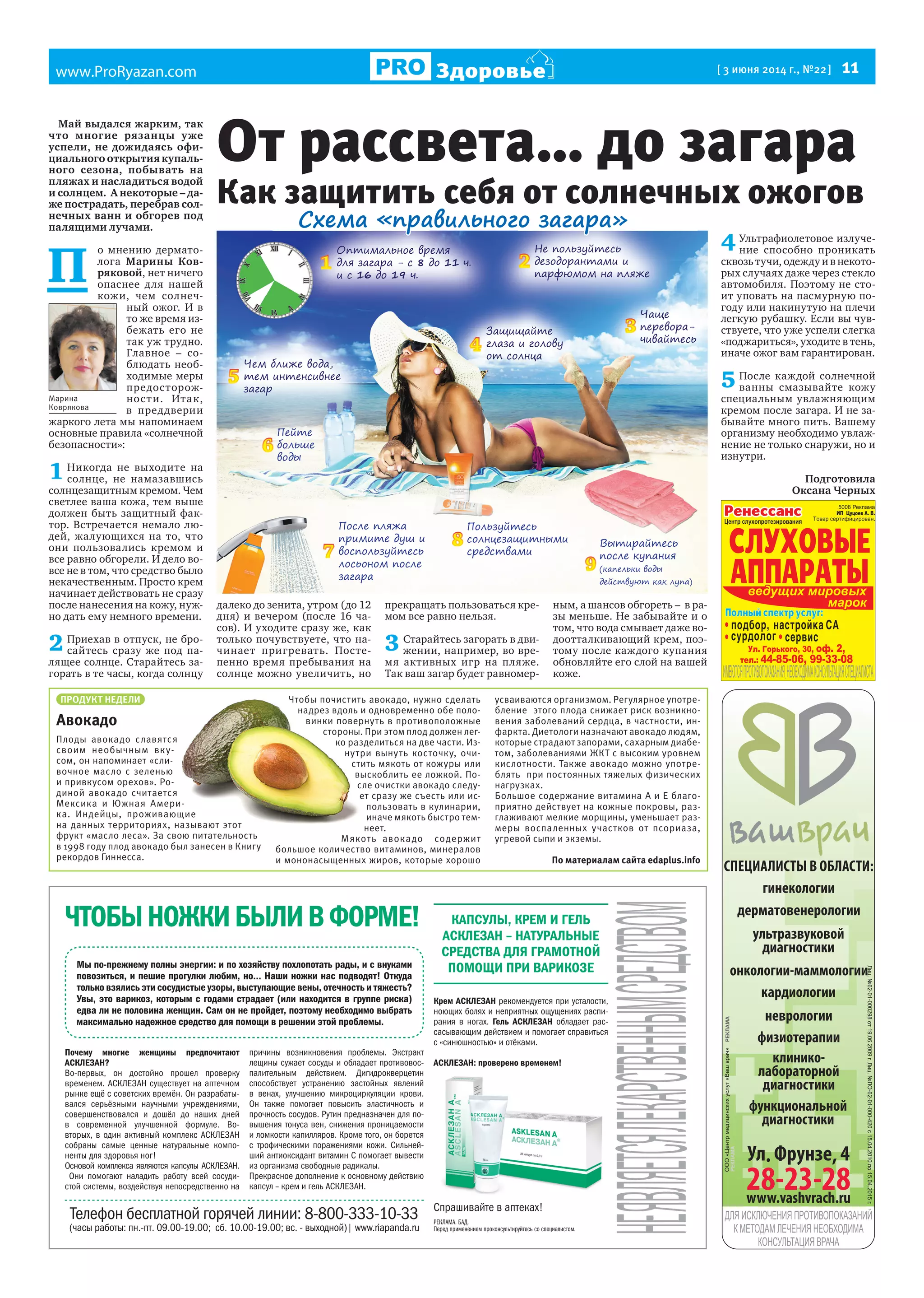 www.ProRyazan.com [ 3 июня 2014 г., №22] 11Здоровье
гинекологии
СПЕЦИАЛИСТЫ В ОБЛАСТИ:
дерматовенерологии
кардиологии
неврологии
ультразвуковой
диагностики
физиотерапии
функциональной
диагностики
клинико-
лабораторной
диагностики
онкологии-маммологии
ПРОДУКТ НЕДЕЛИ
Авокадо
Плоды авокадо славятся
своим необычным вку-
сом, он напоминает «сли-
вочное масло с зеленью
и привкусом орехов». Ро-
диной авокадо считается
Мексика и Южная Амери-
ка. Индейцы, проживающие
на данных территориях, называют этот
фрукт «масло леса». За свою питательность
в 1998 году плод авокадо был занесен в Книгу
рекордов Гиннесса.
Чтобы почистить авокадо, нужно сделать
надрез вдоль и одновременно обе поло-
винки повернуть в противоположные
стороны. При этом плод должен лег-
ко разделиться на две части. Из-
нутри вынуть косточку, очи-
стить мякоть от кожуры или
выскоблить ее ложкой. По-
сле очистки авокадо следу-
ет сразу же съесть или ис-
пользовать в кулинарии,
иначе мякоть быстро тем-
неет.
Мякоть авокадо содержит
большое количество витаминов, минералов
и мононасыщенных жиров, которые хорошо
усваиваются организмом. Регулярное употре-
бление этого плода снижает риск возникно-
вения заболеваний сердца, в частности, ин-
фаркта. Диетологи назначают авокадо людям,
которые страдают запорами, сахарным диабе-
том, заболеваниями ЖКТ с высоким уровнем
кислотности. Также авокадо можно употре-
блять при постоянных тяжелых физических
нагрузках.
Большое содержание витамина А и Е благо-
приятно действует на кожные покровы, раз-
глаживают мелкие морщины, уменьшает раз-
меры воспаленных участков от псориаза,
угревой сыпи и экземы.
По материалам сайта edaplus.info
От рассвета… до загара
Как защитить себя от солнечных ожогов
Май выдался жарким, так
что многие рязанцы уже
успели, не дожидаясь офи-
циального открытия купаль-
ного сезона, побывать на
пляжах и насладиться водой
и солнцем. А некоторые – да-
же пострадать, перебрав сол-
нечных ванн и обгорев под
палящими лучами.
П
о мнению дермато-
лога Марины Ков-
ряковой, нет ничего
опаснее для нашей
кожи, чем солнеч-
ный ожог. И в
то же время из-
бежать его не
так уж трудно.
Главное – со-
блюдать необ-
ходимые меры
предосторож-
ности. Итак,
в преддверии
жаркого лета мы напоминаем
основные правила «солнечной
безопасности»:
1Никогда не выходите на
солнце, не намазавшись
солнцезащитным кремом. Чем
светлее ваша кожа, тем выше
должен быть защитный фак-
тор. Встречается немало лю-
дей, жалующихся на то, что
они пользовались кремом и
все равно обгорели. И дело во-
все не в том, что средство было
некачественным. Просто крем
начинает действовать не сразу
после нанесения на кожу, нуж-
но дать ему немного времени.
2Приехав в отпуск, не бро-
сайтесь сразу же под па-
лящее солнце. Старайтесь за-
горать в те часы, когда солнцу
далеко до зенита, утром (до 12
дня) и вечером (после 16 ча-
сов). И уходите сразу же, как
только почувствуете, что на-
чинает пригревать. Посте-
пенно время пребывания на
солнце можно увеличить, но
прекращать пользоваться кре-
мом все равно нельзя.
3Старайтесь загорать в дви-
жении, например, во вре-
мя активных игр на пляже.
Так ваш загар будет равномер-
ным, а шансов обгореть – в ра-
зы меньше. Не забывайте и о
том, что вода смывает даже во-
доотталкивающий крем, поэ-
тому после каждого купания
обновляйте его слой на вашей
коже.
4Ультрафиолетовое излуче-
ние способно проникать
сквозь тучи, одежду и в некото-
рых случаях даже через стекло
автомобиля. Поэтому не сто-
ит уповать на пасмурную по-
году или накинутую на плечи
легкую рубашку. Если вы чув-
ствуете, что уже успели слегка
«поджариться», уходите в тень,
иначе ожог вам гарантирован.
5После каждой солнечной
ванны смазывайте кожу
специальным увлажняющим
кремом после загара. И не за-
бывайте много пить. Вашему
организму необходимо увлаж-
нение не только снаружи, но и
изнутри.
Подготовила
Оксана Черных
О а
а а а - 8 11 .
16 19 .
Ч а,
а а
П
П
а
а
В а
а
( а
а а)
За а
а а
а
Н
а а
а а
Ча
а-
а
П а
а а а
Марина
Коврякова
Схема «правильного загара»
Плоды авокадо славятся
своим необычным вку-
сом, он напоминает «сли-
вочное масло с зеленью
и привкусом орехов». Ро-
диной авокадо считается
Мексика и Южная Амери-
ка. Индейцы, проживающие
на данных территориях, называют этот
фрукт «масло леса». За свою питательность
Чтобы почистить авокадо, нужно сделать
надрез вдоль и одновременно обе поло-
винки повернуть в противоположные
стороны. При этом плод должен лег-
ко разделиться на две части. Из-
нутри вынуть косточку, очи-
стить мякоть от кожуры или
выскоблить ее ложкой. По-
сле очистки авокадо следу-
ет сразу же съесть или ис-
 