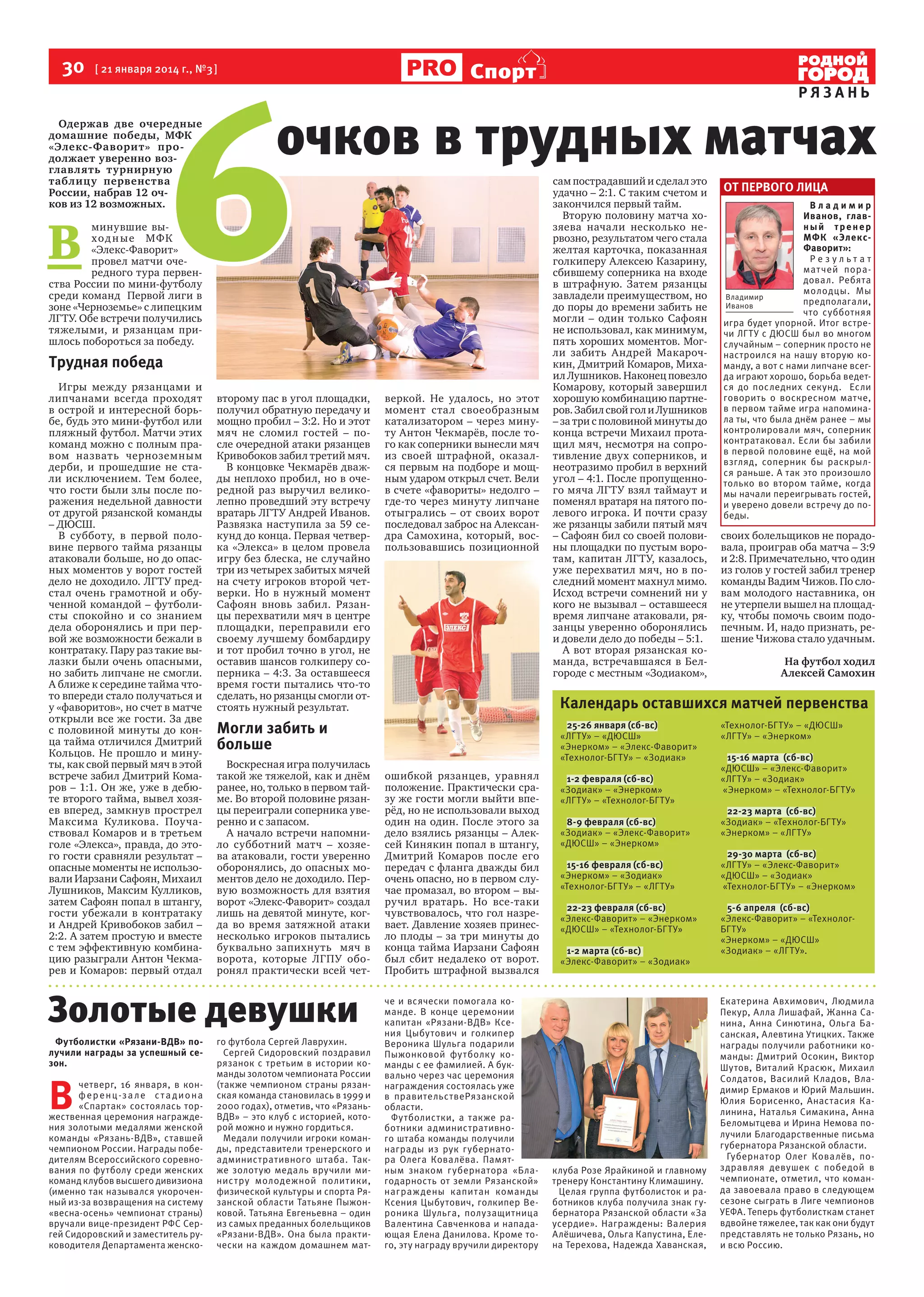 30  [ 21 января 2014 г., №3 ]
Одержав две очередные
домашние победы, МФК
«Элекс-Фаворит» продолжает уверенно возглавлять турнирную
таблицу первенства
России, набрав 12 очков из 12 возможных.

Спорт

очков в трудных матчах

В 

минувшие вых о д н ы е МФК
«Элекс-Фаворит»
провел матчи очередного тура первенства России по мини-футболу
среди команд  Первой лиги в
зоне «Черноземье» с липецким
ЛГТУ. Обе встречи получились
тяжелыми, и рязанцам пришлось побороться за победу.

Трудная победа
Игры между рязанцами и
липчанами всегда проходят
в острой и интересной борьбе, будь это мини-футбол или
пляжный футбол. Матчи этих
команд можно с полным правом назвать черноземным
дерби, и прошедшие не стали исключением. Тем более,
что гости были злы после поражения недельной давности
от другой рязанской команды
– ДЮСШ.
В субботу, в первой половине первого тайма рязанцы
атаковали больше, но до опасных моментов у ворот гостей
дело не доходило. ЛГТУ предстал очень грамотной и обученной командой – футболисты спокойно и со знанием
дела оборонялись и при первой же возможности бежали в
контратаку. Пару раз такие вылазки были очень опасными,
но забить липчане не смогли.
А ближе к середине тайма чтото впереди стало получаться и
у «фаворитов», но счет в матче
открыли все же гости. За две
с половиной минуты до конца тайма отличился Дмитрий
Кольцов. Не прошло и минуты, как свой первый мяч в этой
встрече забил Дмитрий Комаров – 1:1. Он же, уже в дебюте второго тайма, вывел хозяев вперед, замкнув прострел
Максима Куликова. Поучаствовал Комаров и в третьем
голе «Элекса», правда, до этого гости сравняли результат –
опасные моменты не использовали Иарзани Сафоян, Михаил
Лушников, Максим Кулликов,
затем Сафоян попал в штангу,
гости убежали в контратаку
и Андрей Кривобоков забил –
2:2. А затем простую и вместе
с тем эффективную комбинацию разыграли Антон Чекмарев и Комаров: первый отдал

второму пас в угол площадки,
получил обратную передачу и
мощно пробил – 3:2. Но и этот
мяч не сломил гостей – после очередной атаки рязанцев
Кривобоков забил третий мяч.
В концовке Чекмарёв дважды неплохо пробил, но в очередной раз выручил великолепно проведший эту встречу
вратарь ЛГТУ Андрей Иванов.
Развязка наступила за 59 секунд до конца. Первая четверка «Элекса» в целом провела
игру без блеска, не случайно
три из четырех забитых мячей
на счету игроков второй четверки. Но в нужный момент
Сафоян вновь забил. Рязанцы перехватили мяч в центре
площадки, переправили его
своему лучшему бомбардиру
и тот пробил точно в угол, не
оставив шансов голкиперу соперника – 4:3. За оставшееся
время гости пытались что-то
сделать, но рязанцы смогли отстоять нужный результат.

В 

четверг, 16 января, в конф е р е н ц -з а л е с т а д и о н а
«Спартак» состоялась торжественная церемония награждения золотыми медалями женской
команды «Рязань-ВДВ», ставшей
чемпионом России. Награды победителям Всероссийского соревнования по футболу среди женских
команд клубов высшего дивизиона
(именно так назывался укороченный из-за возвращения на систему
«весна-осень» чемпионат страны)
вручали вице-президент РФС Сергей Сидоровский и заместитель руководителя Департамента женско-

веркой. Не удалось, но этот
момент стал своеобразным
катализатором – через минуту Антон Чекмарёв, после того как соперники вынесли мяч
из своей штрафной, оказался первым на подборе и мощным ударом открыл счет. Вели
в счете «фавориты» недолго –
где-то через минуту липчане
отыгрались – от своих ворот
последовал заброс на Александра Самохина, который, воспользовавшись позиционной

Воскресная игра получилась
такой же тяжелой, как и днём
ранее, но, только в первом тайме. Во второй половине рязанцы переиграли соперника уверенно и с запасом.
А начало встречи напомнило субботний матч – хозяева атаковали, гости уверенно
оборонялись, до опасных моментов дело не доходило. Первую возможность для взятия
ворот «Элекс-Фаворит» создал
лишь на девятой минуте, когда во время затяжной атаки
несколько игроков пытались
буквально запихнуть   мяч в
ворота, которые ЛГПУ оборонял практически всей чет-

го футбола Сергей Лаврухин.
Сергей Сидоровский поздравил
рязанок с третьим в истории команды золотом чемпионата России
(также чемпионом страны рязанская команда становилась в 1999 и
2000 годах), отметив, что «РязаньВДВ» – это клуб с историей, которой можно и нужно гордиться.
Медали получили игроки команды, представители тренерского и
административного штаба. Также золотую медаль вручили минис тру молодежной политики,
физической культуры и спорта Рязанской области Татьяне Пыжонковой. Татьяна Евгеньевна – один
из самых преданных болельщиков
«Рязани-ВДВ». Она была практически на каждом домашнем мат-

сам пострадавший и сделал это
удачно – 2:1. С таким счетом и
закончился первый тайм.
Вторую половину матча хозяева начали несколько нервозно, результатом чего стала
желтая карточка, показанная
голкиперу Алексею Казарину,
сбившему соперника на входе
в штрафную. Затем рязанцы
завладели преимуществом, но
до поры до времени забить не
могли – один только Сафоян
не использовал, как минимум,
пять хороших моментов. Могли забить Андрей Макарочкин, Дмитрий Комаров, Михаил Лушников. Наконец повезло
Комарову, который завершил
хорошую комбинацию партнеров. Забил свой гол и Лушников
– за три с половиной минуты до
конца встречи Михаил протащил мяч, несмотря на сопротивление двух соперников, и
неотразимо пробил в верхний
угол – 4:1. После пропущенного мяча ЛГТУ взял таймаут и
поменял вратаря на пятого полевого игрока. И почти сразу
же рязанцы забили пятый мяч
– Сафоян бил со своей половины площадки по пустым воротам, капитан ЛГТУ, казалось,
уже перехватил мяч, но в последний момент махнул мимо.
Исход встречи сомнений ни у
кого не вызывал – оставшееся
время липчане атаковали, рязанцы уверенно оборонялись
и довели дело до победы – 5:1.
А вот вторая рязанская команда, встречавшаяся в Белгороде с местным «Зодиаком»,

ОТ ПЕРВОГО ЛИЦА
Владимир
Иванов, главный тренер
МФК «ЭлексФаворит»:
Результат
мат чей порадовал. Ребята
молодцы. Мы
Владимир
предполагали,
Иванов
что субботняя
игра будет упорной. Итог встречи ЛГТУ с ДЮСШ был во многом
случайным – соперник просто не
настроился на нашу вторую команду, а вот с нами липчане всегда играют хорошо, борьба ведется до последних секунд. Если
говорить о воскресном матче,
в первом тайме игра напоминала ты, что была днём ранее – мы
контролировали мяч, соперник
контратаковал. Если бы забили
в первой половине ещё, на мой
взгляд, соперник бы раскрылся раньше. А так это произошло
только во втором тайме, когда
мы начали переигрывать гостей,
и уверено довели встречу до победы.

своих болельщиков не порадовала, проиграв оба матча – 3:9
и 2:8. Примечательно, что один
из голов у гостей забил тренер
команды Вадим Чижов. По словам молодого наставника, он
не утерпели вышел на площадку, чтобы помочь своим подопечным. И, надо признать, решение Чижова стало удачным.
На футбол ходил
Алексей Самохин

Календарь оставшихся матчей первенства

Могли забить и
больше

Золотые девушки
Футболистки «Рязани-ВДВ» получили награды за успешный сезон.

РЯЗАНЬ

> 25-26 января (сб-вс)
«ЛГТУ» – «ДЮСШ»
«Энерком» – «Элекс-Фаворит»
«Технолог-БГТУ» – «Зодиак»

ошибкой рязанцев, уравнял
положение. Практически сразу же гости могли выйти вперёд, но не использовали выход
один на один. После этого за
дело взялись рязанцы – Алексей Кинякин попал в штангу,
Дмитрий Комаров после его
передач с фланга дважды бил
очень опасно, но в первом случае промазал, во втором – выручил вратарь. Но все-таки
чувствовалось, что гол назревает. Давление хозяев принесло плоды – за три минуты до
конца тайма Иарзани Сафоян
был сбит недалеко от ворот.
Пробить штрафной вызвался
че и всячески помогала команде. В конце церемонии
капитан «Рязани-ВДВ» Ксения Цыбу тович и голкипер
Вероника Шульга подарили
Пыжонковой фу тболку команды с ее фамилией. А буквально через час церемония
награждения состоялась уже
в правительствеРязанской
области.
Футболистки, а также работники административного штаба команды получили
награды из рук губернатора Олега Ковалёва. Памятным знаком губернатора «Благодарность от земли Рязанской»
награж дены капитан команды
Ксения Цыбутович, голкипер Вероника Шульга, полузащитница
Валентина Савченкова и нападающая Елена Данилова. Кроме того, эту награду вручили директору

> 1-2 февраля (сб-вс)
«Зодиак» – «Энерком»
«ЛГТУ» – «Технолог-БГТУ»
> 8-9 февраля (сб-вс)
«Зодиак» – «Элекс-Фаворит»
«ДЮСШ» – «Энерком»
> 15-16 февраля (сб-вс)
«Энерком» – «Зодиак»
«Технолог-БГТУ» – «ЛГТУ»
> 22-23 февраля (сб-вс)
«Элекс-Фаворит» – «Энерком»
«ДЮСШ» – «Технолог-БГТУ»
> 1-2 марта (сб-вс)
«Элекс-Фаворит» – «Зодиак»

клуба Розе Ярайкиной и главному
тренеру Константину Климашину.
Целая группа футболисток и работников клуба получила знак губернатора Рязанской области «За
усердие». Награждены: Валерия
Алёшичева, Ольга Капустина, Елена Терехова, Надежда Хаванская,

«Технолог-БГТУ» – «ДЮСШ»
«ЛГТУ» – «Энерком»
> 15-16 марта (сб-вс)
«ДЮСШ» – «Элекс-Фаворит»
«ЛГТУ» – «Зодиак»
«Энерком» – «Технолог-БГТУ»
> 22-23 марта (сб-вс)
«Зодиак» – «Технолог-БГТУ»
«Энерком» – «ЛГТУ»
> 29-30 марта (сб-вс)
«ЛГТУ» – «Элекс-Фаворит»
«ДЮСШ» – «Зодиак»
«Технолог-БГТУ» – «Энерком»
> 5-6 апреля (сб-вс)
«Элекс-Фаворит» – «ТехнологБГТУ»
«Энерком» – «ДЮСШ»
«Зодиак» – «ЛГТУ».

Екатерина Авхимович, Людмила
Пекур, Алла Лишафай, Жанна Санина, Анна Синютина, Ольга Басанская, Алевтина Утицких. Также
награды получили работники команды: Дмитрий Осокин, Виктор
Шутов, Виталий Красюк, Михаил
Солдатов, Василий Кладов, Владимир Ермаков и Юрий Мальшин.
Юлия Борисенко, Анастасия Калинина, Наталья Симакина, Анна
Беломытцева и Ирина Немова получили Благодарственные письма
губернатора Рязанской области.
Губернатор Олег Ковалёв, поздравляя девушек с победой в
чемпионате, отметил, что команда завоевала право в следующем
сезоне сыграть в Лиге чемпионов
УЕФА. Теперь футболисткам станет
вдвойне тяжелее, так как они будут
представлять не только Рязань, но
и всю Россию.

 