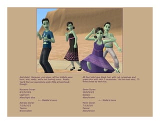 And stats! Because, you know, all four kidlets were   All four kids have black hair with red recessives and
born, and, really, we’re not having more. Really.     green skin with skin 2 recessives. As the eyes vary, I’ll
You’ll find out aspirations and LTWs at teenhood,     write those by each kid.
though.

Roxanna Doran                                         Seren Doran
8/1/5/10/6                                            10/9/9/4/3
Capricorn                                             Scorpio
Alien/light blue                                      Alien/brown
                   <-- Maddie’s twins                                <-- Stella’s twins
Astraea Doran                                         Ma’or Doran
7/1/6/10/2                                            7/1/6/5/6
Taurus                                                Cancer
Brown/alien                                           Alien/brown
 