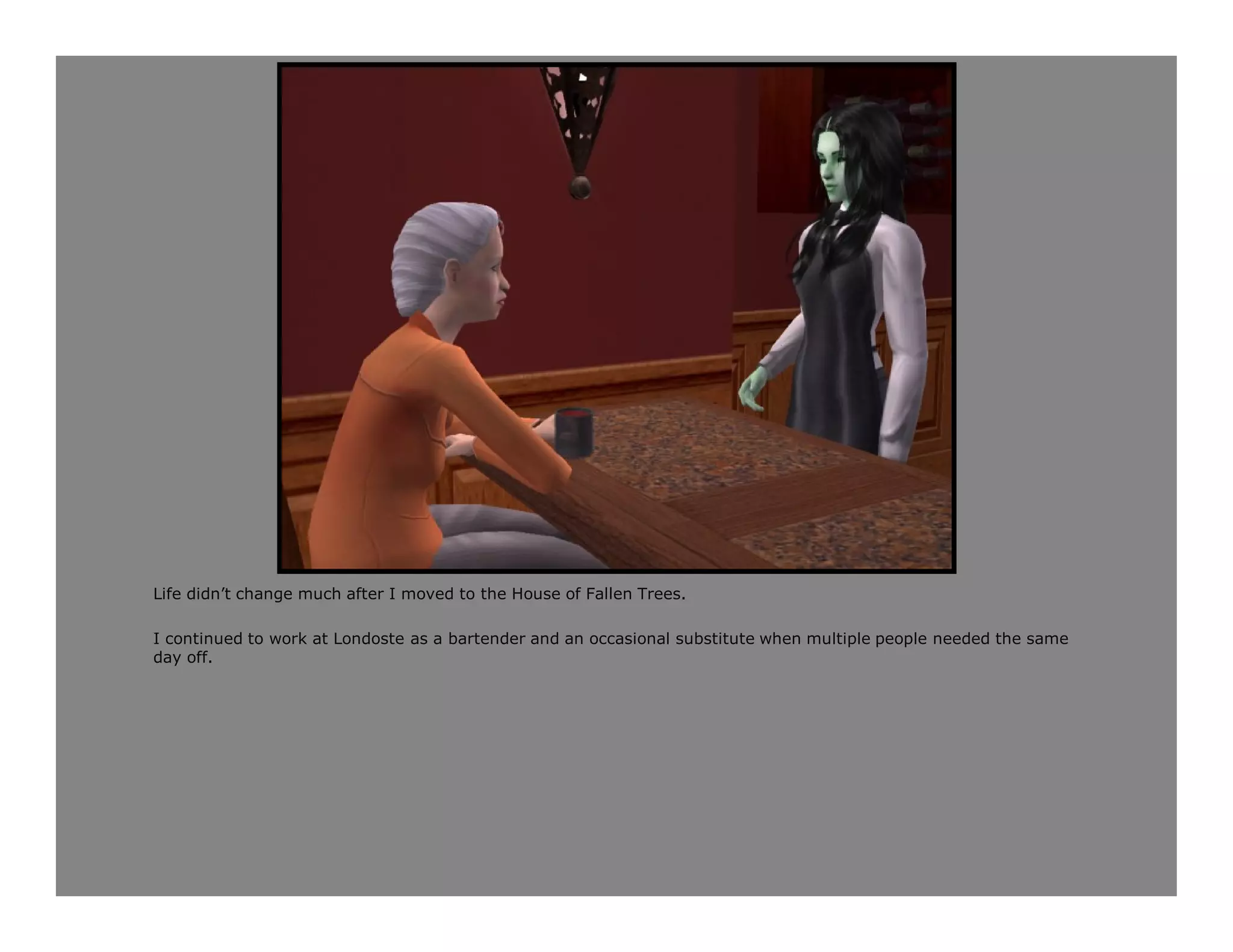 Life didn’t change much after I moved to the House of Fallen Trees.

I continued to work at Londoste as a bartender and an occasional substitute when multiple people needed the same
day off.
 