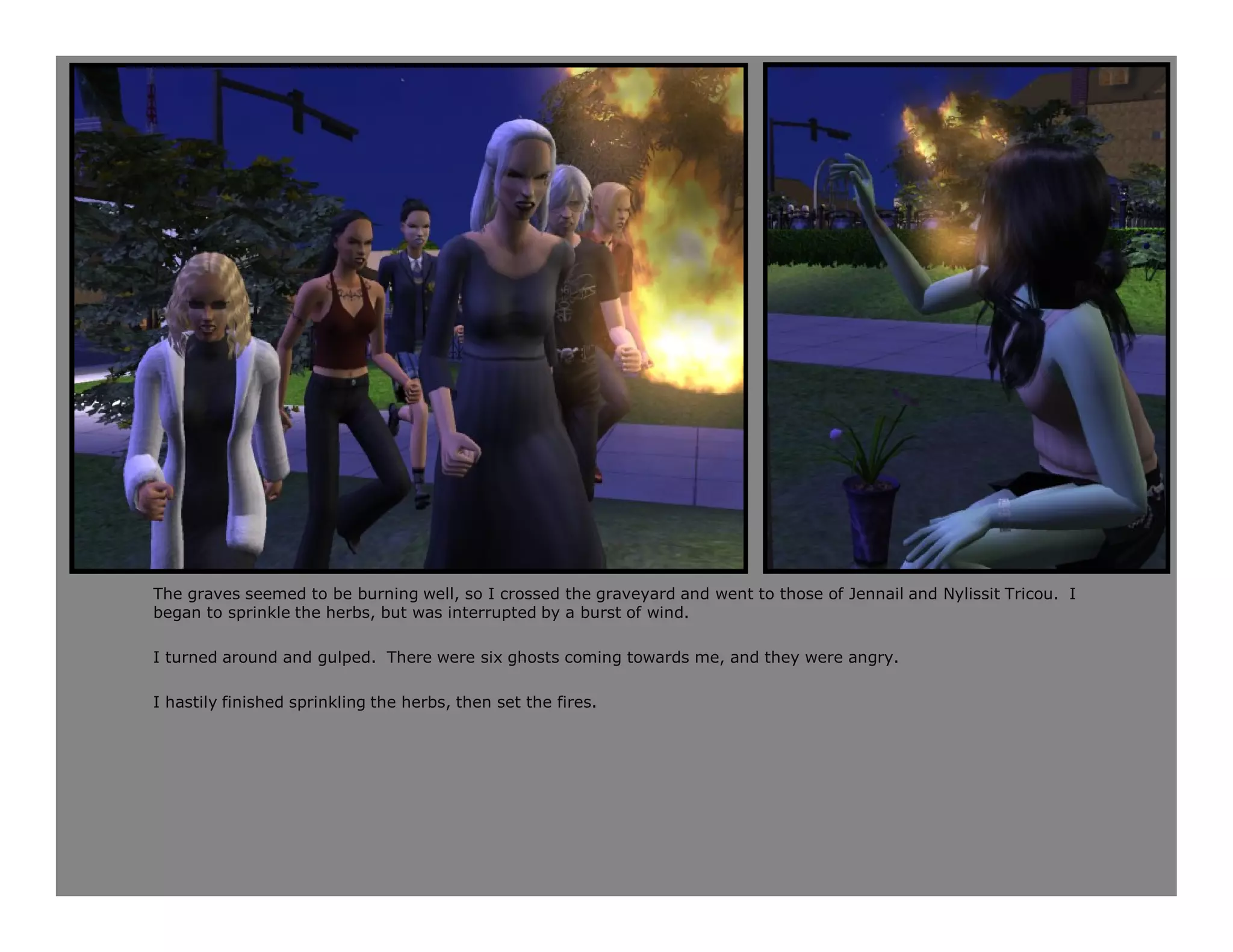 The graves seemed to be burning well, so I crossed the graveyard and went to those of Jennail and Nylissit Tricou. I
began to sprinkle the herbs, but was interrupted by a burst of wind.

I turned around and gulped. There were six ghosts coming towards me, and they were angry.

I hastily finished sprinkling the herbs, then set the fires.
 