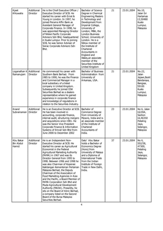 A jeet        A dditional   He is the Chief Executive Officer /    Bachelor of Science       21   2 3 .0 1 .2 0 0 4   N o .1 0 ,
A hluwalia    Director      Executive Director of SCB. He          Degree in Chemical                                 Jalan Sri
                            started his career with Ernst &        Engineering,Masters                                Hartamas
                            Young in London. In 1997, he           in Technology and                                  13,50480
                            joined Perwira A ffin Bank as          Development from                                   Kuala
                            A ssistant General Manager of          Imperial College,                                  Lumpur,
                            Corporate Finance. In 1998, he         University of                                      Malaysia
                            was appointed Managing Director        London; MBA , the
                            of Nikkei Pacific Corporate            London Business
                            A dvisors Sdn Bhd, headquartered       School, University of
                            in Kuala Lumpur. Prior to joining      London. He is a
                            SCB, he was Senior A dviser of         fellow member of
                            Sierac Corporate A dvisors Sdn         the Institute of
                            Bhd.                                   Chartered
                                                                   A ccountants in
                                                                   England and
                                                                   Wales,an associate
                                                                   member of the
                                                                   Securities Institute of
                                                                   United Kingdom
Loganathan K A dditional    He commenced his career with           Bachelor of Business      21   2 3 .0 1 .2 0 0 4   N o .2 2 ,
Ramanujam Director          Southern Bank Berhad. From             A dministration from                               Jalan
                            1985 to 1990, he was the Finance       University of                                      Jejawi,Bukit
                            and Commercial Manager in a            A rkansas, USA .                                   Bandaraya,
                            local subsidiary of a listed                                                              Bangsar,
                            company in United Kingdom.                                                                59100
                            Subsequently he joined OSK                                                                Kuala
                            Securities Berhad as a dealers                                                            Lumpur,
                            representative where he gained                                                            Malaysia
                            experience in corporate finance
                            and knowledge of regulations in
                            relation to the Securities Industry.

A nand      A dditional     He is an Executive Director at SCB.    Bachelor of               23   2 3 .0 1 .2 0 0 4   No 6, Jalan
Subramanian Director        He has been involved in                Commerce Degree                                    16/20A ,
                            accounting, corporate finance,         from University of                                 Section
                            internal audit, structuring mergers    Mysore, India and is                               16,46350
                            and acquisitions since 1981. He        an associate member                                Petaling
                            was the Senior Vice President          of the Institute of                                Jaya,
                            Corporate Finance & Information        Chartered                                          Selangor,
                            Systems of Emrail Sdn Bhd from         A ccountants of                                    Malaysia
                            June 2000 to December 2002             India.


A bu Bakar    A dditional   He is an Independent Non-              Dato’ A bu Bakar          37   2 3 .0 1 .2 0 0 4   No 6,
Bin A bdul    Director      Executive Director at SCB. He          holds a Bachelor of                                SS2/58,
Hamid                       started his career as A gricultural    Economics Degree                                   47300,
                            Economist in the Federal               (Hons) from                                        Petaling
                            A gricultural Marketing A uthority     University of Malaya                               Jaya,
                            (FA MA ) in 1967 and was its           and a Diploma of                                   Selangor,
                            Director General from 1995 to          International Trade                                Malaysia
                            1998. Between 1996 and 1998 he         from the Indian
                            was also Chairman of Koperasi          Institute of Foreign
                            Kakitangan Kementerian Pertanian       Trade in New Delhi,
                            Malaysia Berhad, the Deputy            India.
                            Chairman of the A ssociation of
                            Food Marketing A gencies in A sia
                            and the Pacific, a Board Member of
                            FA MA Corporation Sdn Bhd and
                            Muda A gricultural Development
                            A uthority (MA DA ). Presently, he
                            sits on the Board of A bric Berhad,
                            a company listed on the Second
                            Board of the Bursa Malaysia
                            Securities Berhad.
                                                                   4
 