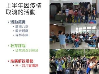 上半年因疫情
取消的活動
• 活動擺攤
• 鷹揚八卦
• 觀音觀鷹
• 森林市集
• 教育課程
• 猛禽調查訓練營
• 推廣解說活動
• 三、四月賞鷹趣
 
