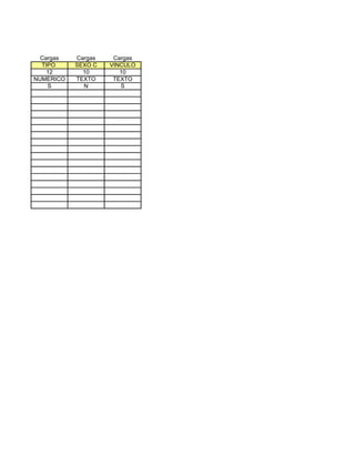 Cargas   Cargas    Cargas
  TIPO     SEXO C   VINCULO
    12       10        10
NUMERICO   TEXTO     TEXTO
    S        N         S
 