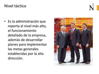 Nivel táctico
• Es la administración que
reporta al nivel más alto,
el funcionamiento
detallado de la empresa,
además de desarrollar
planes para implementar
las metas generales
establecidas por la alta
dirección.
 