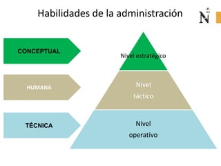 Habilidades de la administración
Nivel estratégico
Nivel
táctico
Nivel
operativo
CONCEPTUAL
HUMANA
TÉCNICA
 