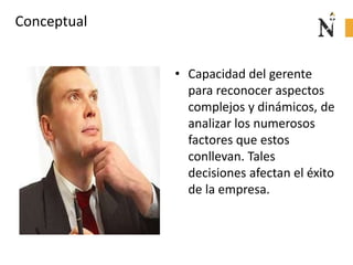 Conceptual
• Capacidad del gerente
para reconocer aspectos
complejos y dinámicos, de
analizar los numerosos
factores que estos
conllevan. Tales
decisiones afectan el éxito
de la empresa.
 