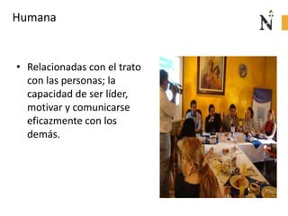 Humana
• Relacionadas con el trato
con las personas; la
capacidad de ser líder,
motivar y comunicarse
eficazmente con los
demás.
 