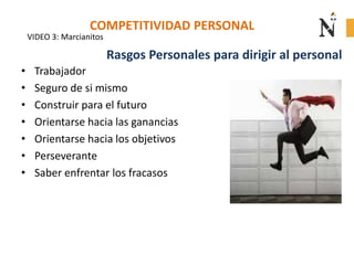 COMPETITIVIDAD PERSONAL
• Trabajador
• Seguro de si mismo
• Construir para el futuro
• Orientarse hacia las ganancias
• Orientarse hacia los objetivos
• Perseverante
• Saber enfrentar los fracasos
Rasgos Personales para dirigir al personal
VIDEO 3: Marcianitos
 
