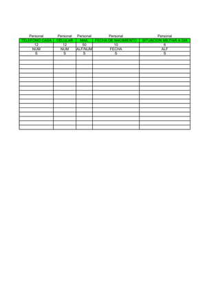 Personal    Personal Personal       Personal               Personal
TELEFONO CASA   CELULAR    MAIL   FECHA DE NACIMIENTO   SITUACION MILITAR A DIA
       12          12       50             10                     6
     NUM          NUM    ALF/NUM         FECHA                   ALF
       S           S        S              S                      S
 
