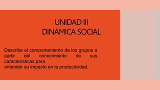 1
UNIDADIII
DINAMICA SOCIAL
Describe el comportamiento de los grupos a
partir del conocimiento de sus
características para
entender su impacto en la productividad.
 